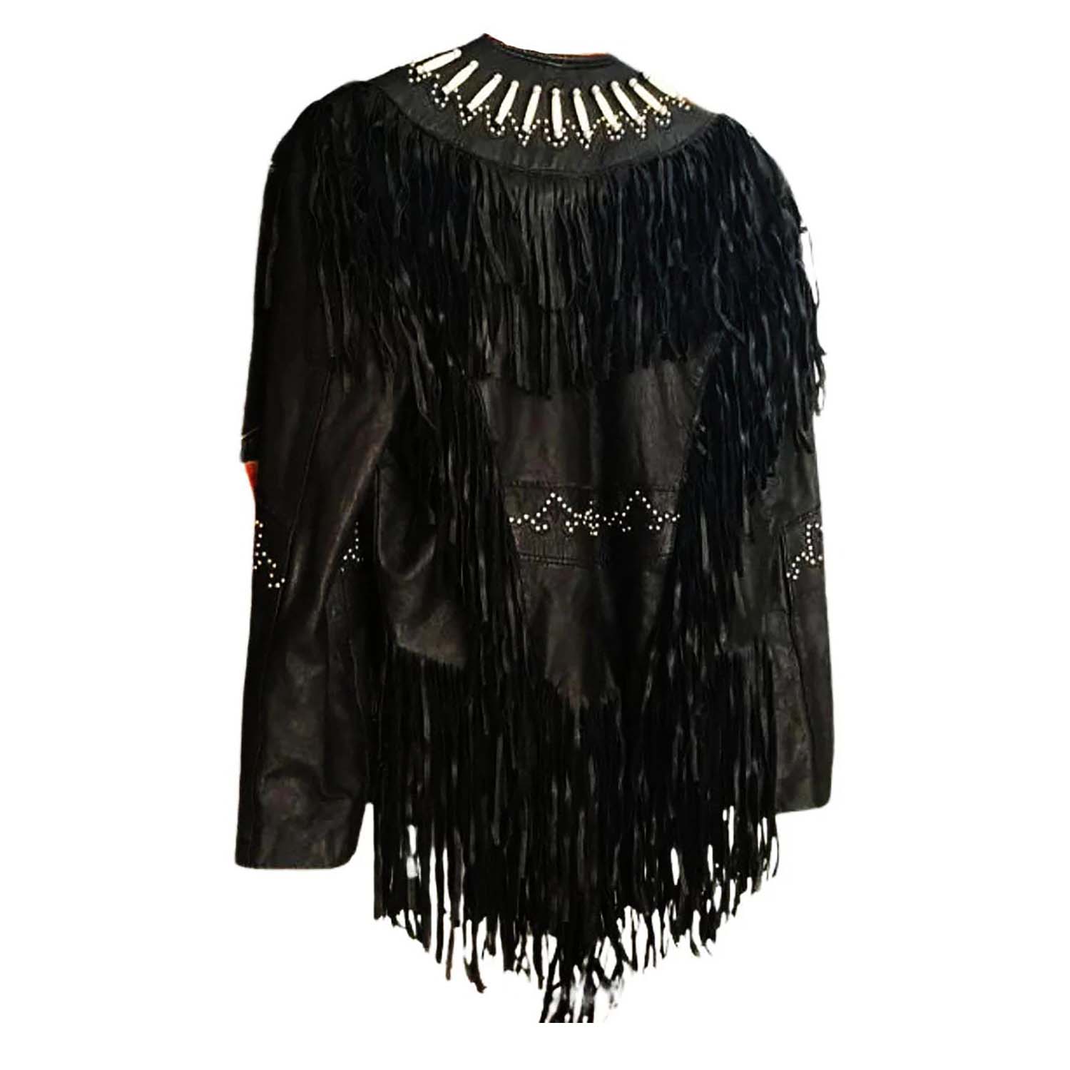 Women's Black Western Leather Jacket with Fringe, Bone & Trim Work side view
