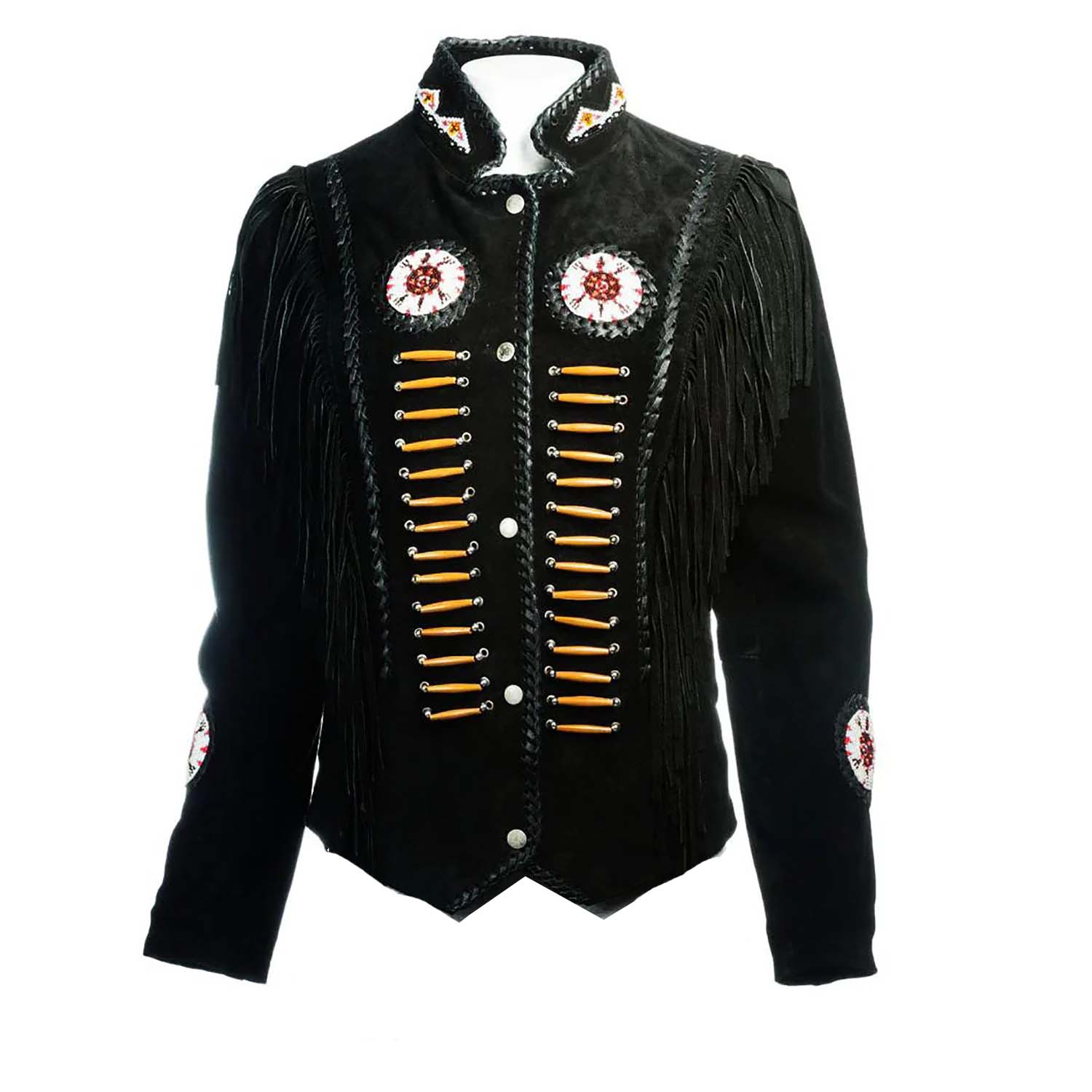 Women's Black Western Leather Jacket with Fringe, Beaded & Bone Details front view