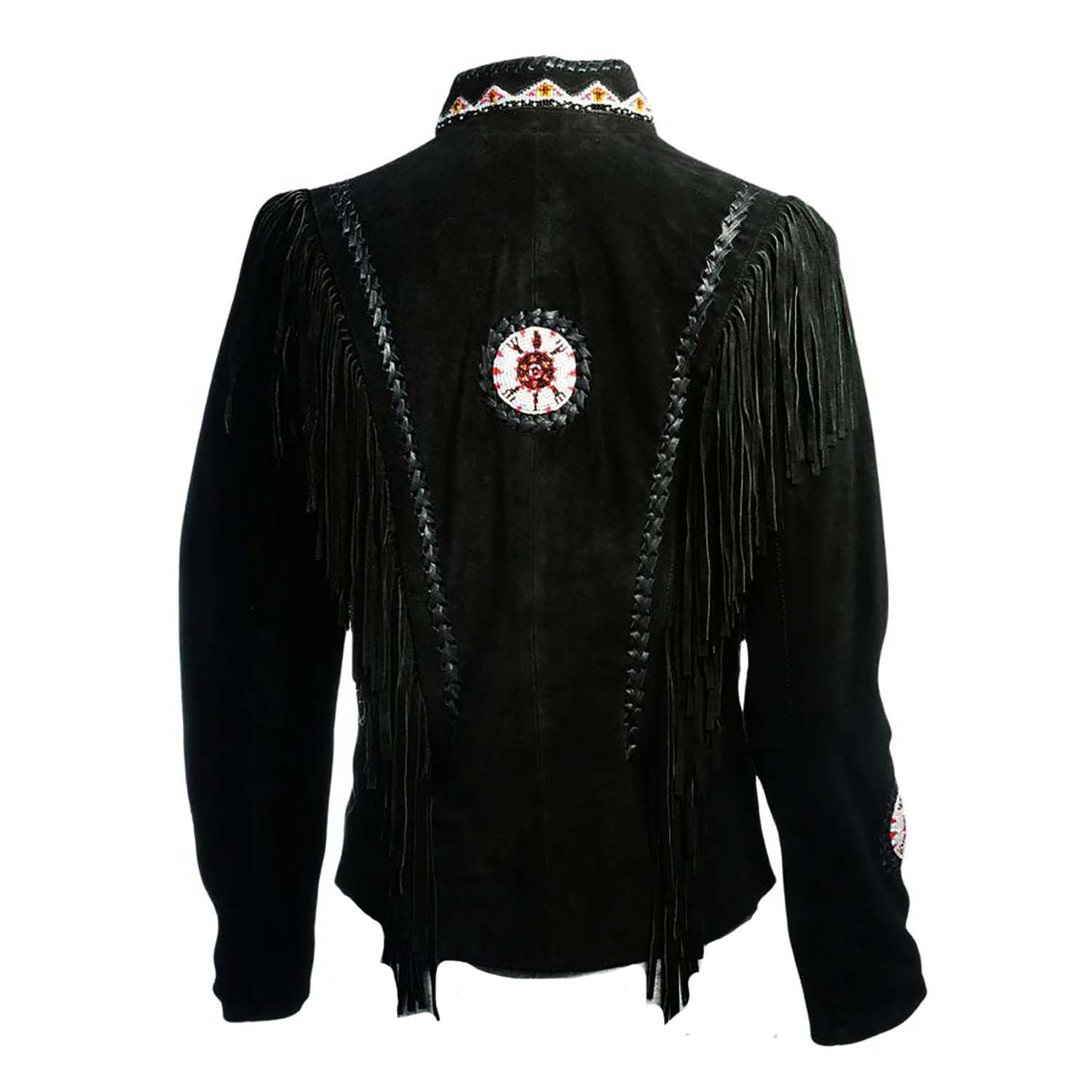 Women's Black Western Leather Jacket with Fringe, Beaded & Bone Details side view