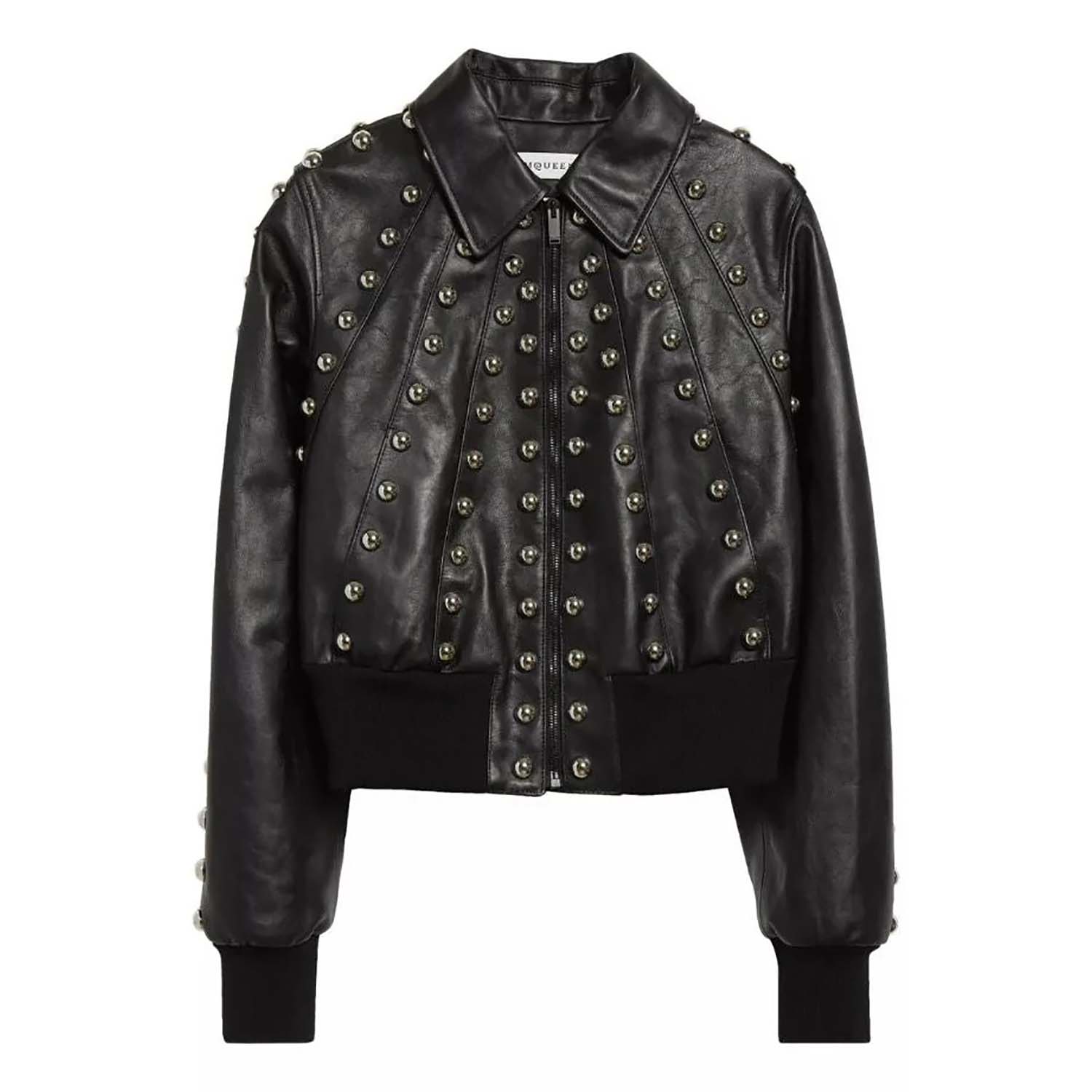 Women's Black Western Sheepskin Leather Jacket with Full Studded Work front view