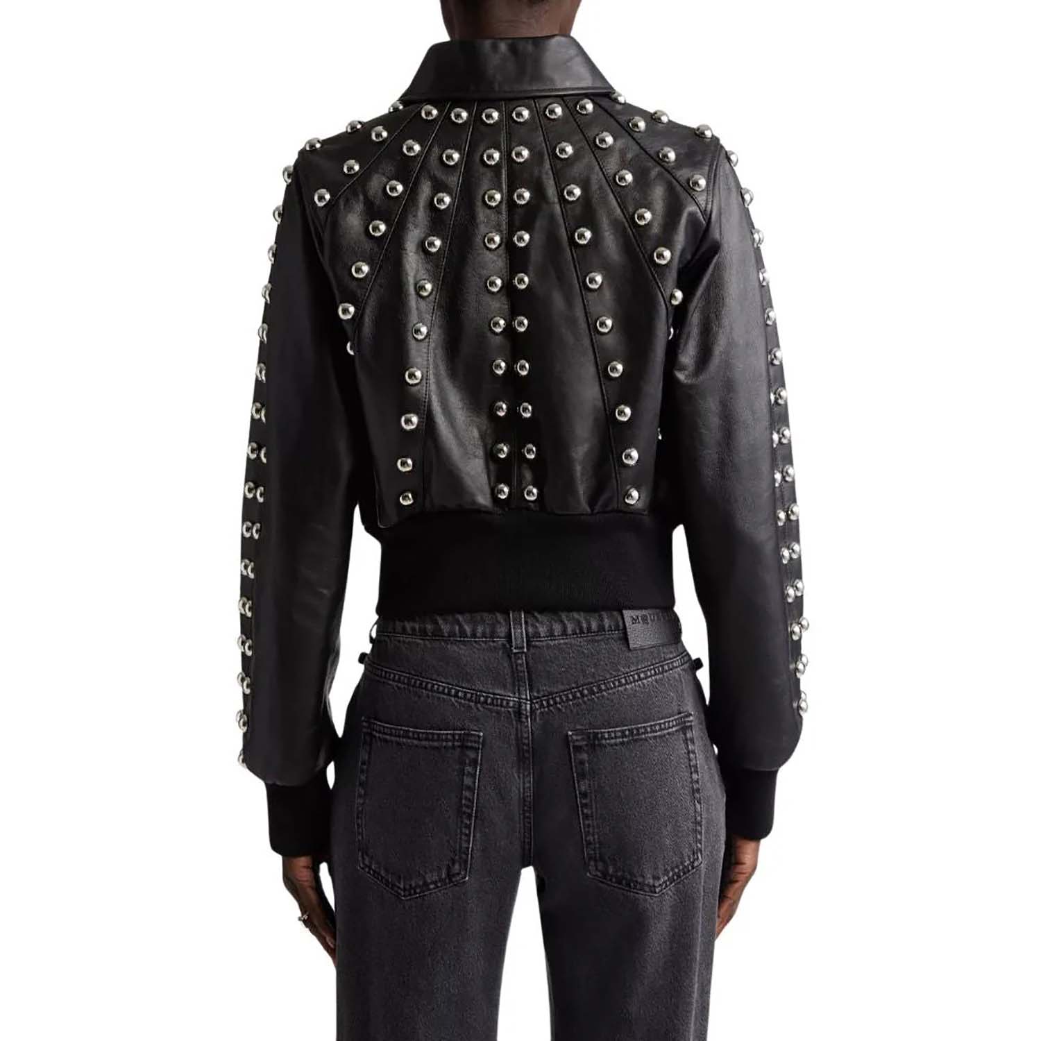 Women's Black Western Sheepskin Leather Jacket with Full Studded Work side view