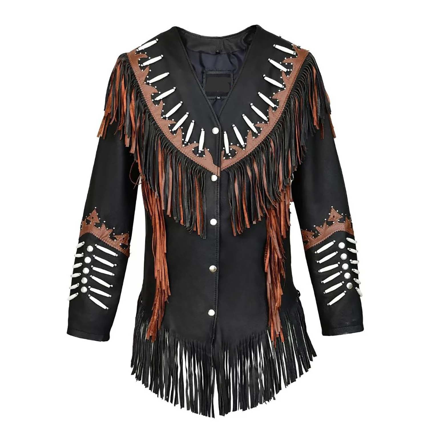 Women’s Black Western Suede Leather Jacket – Studded Fringe & Beaded front view