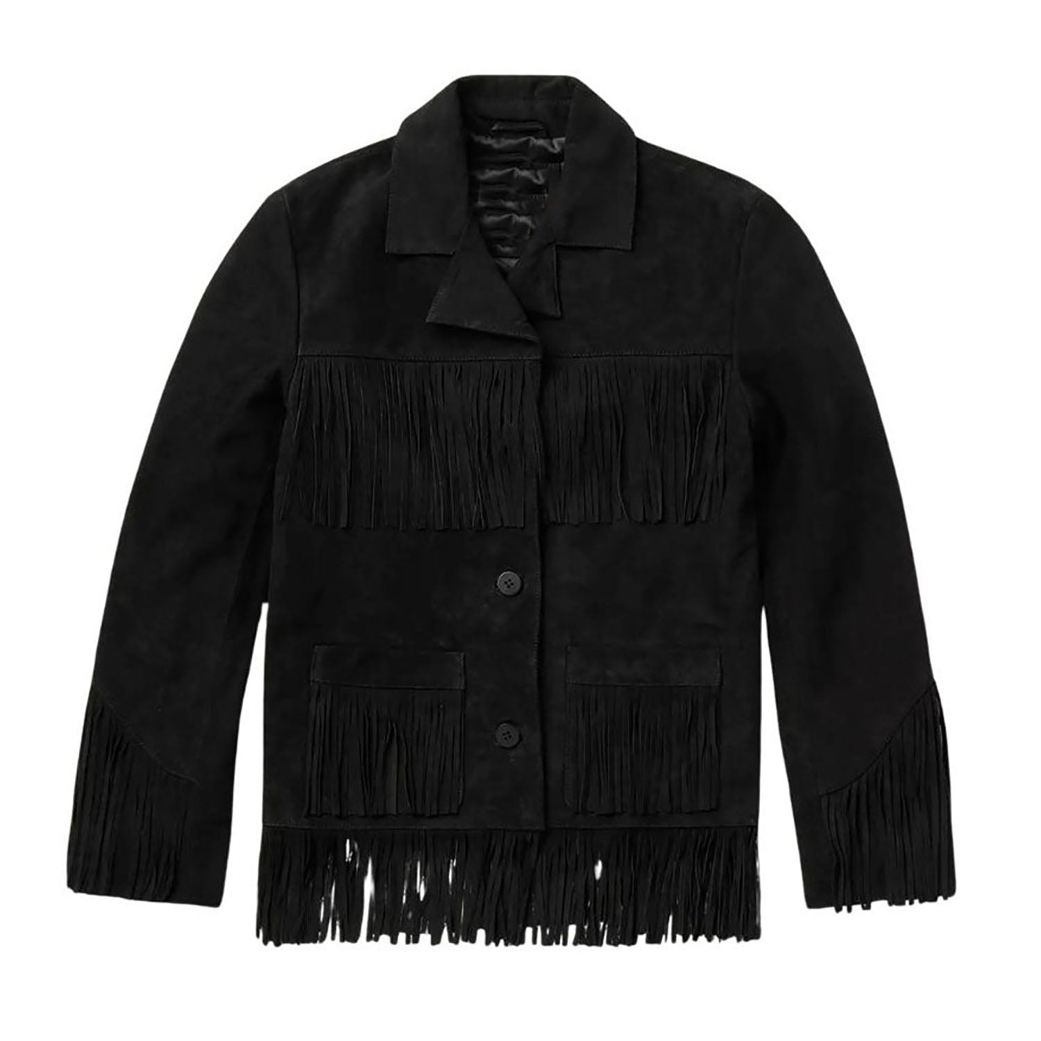 Women's Black Western Suede Leather Jacket with Fringe Work front view