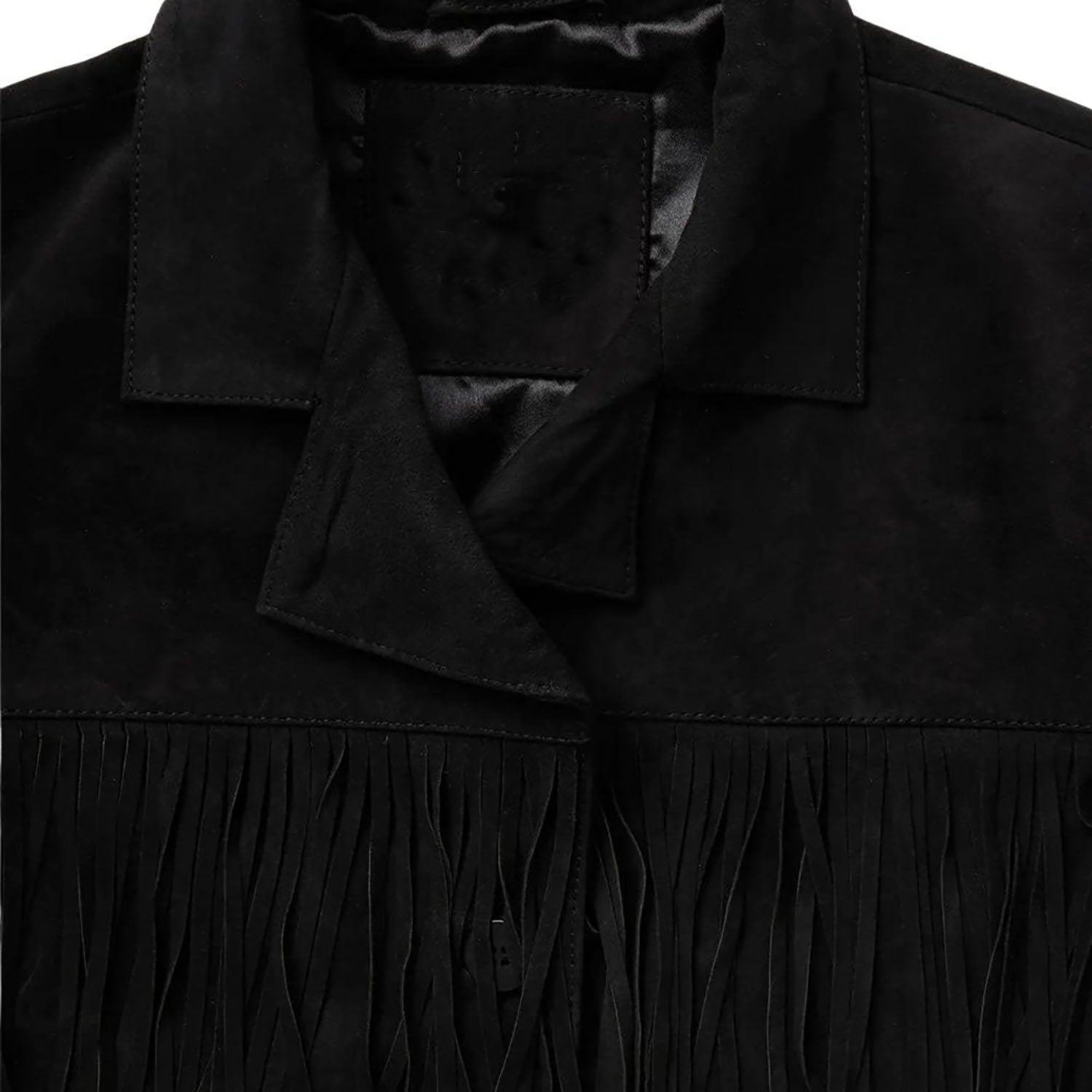 Women's Black Western Suede Leather Jacket with Fringe Work side view