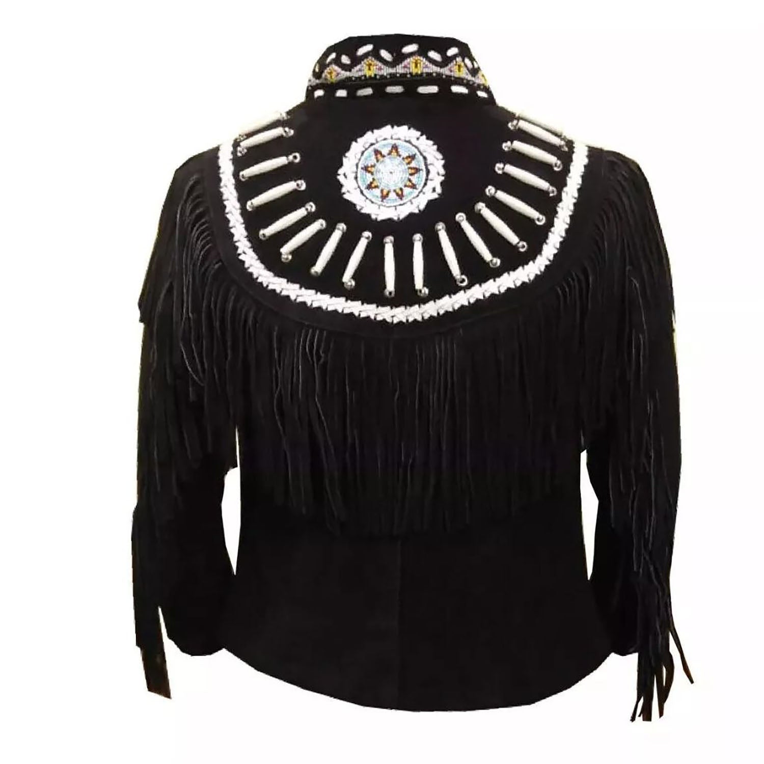 Women's Black Western Suede Leather Jacket with Fringe and Beaded Work close-up detail