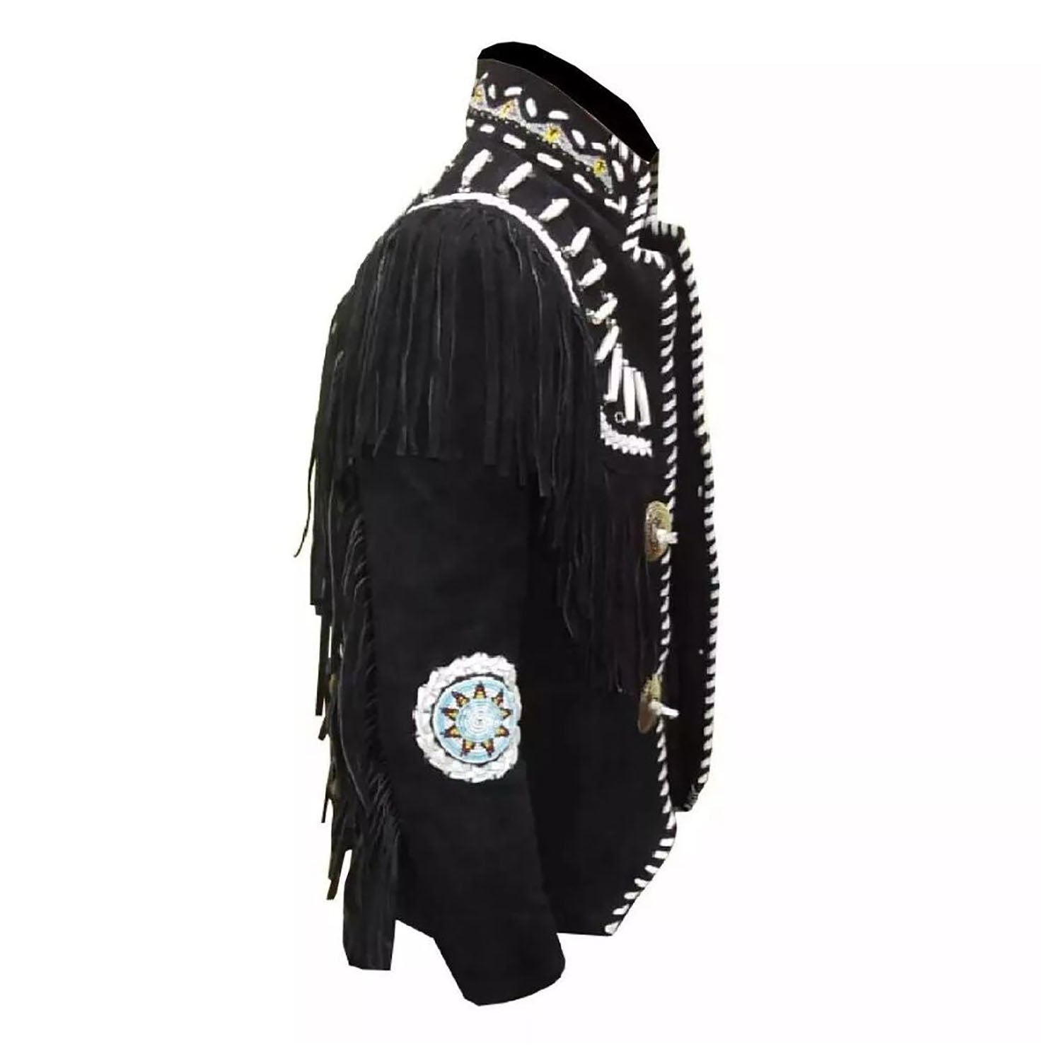Women's Black Western Suede Leather Jacket with Fringe and Beaded Work back view