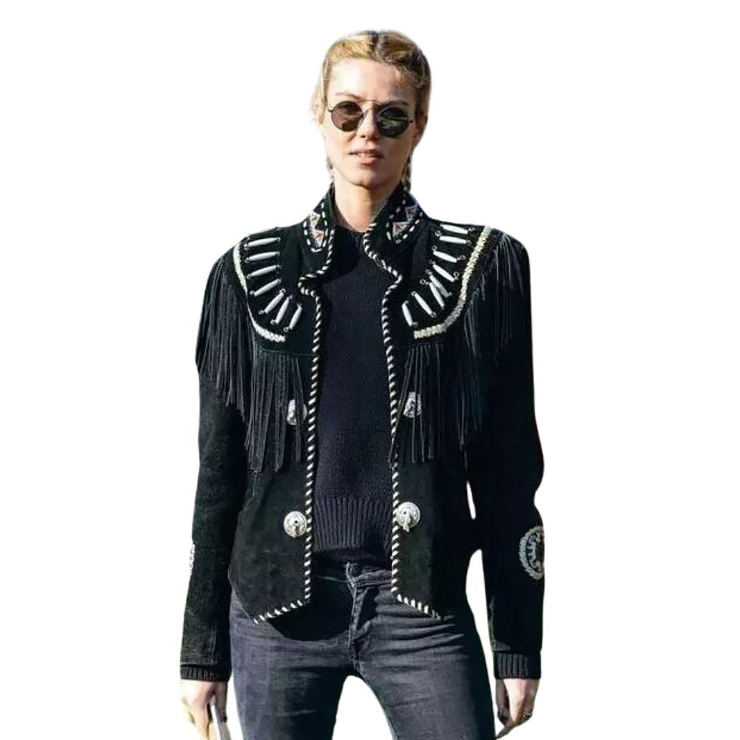 Women's Black Western Suede Leather Jacket with Fringe and Beaded Work side view