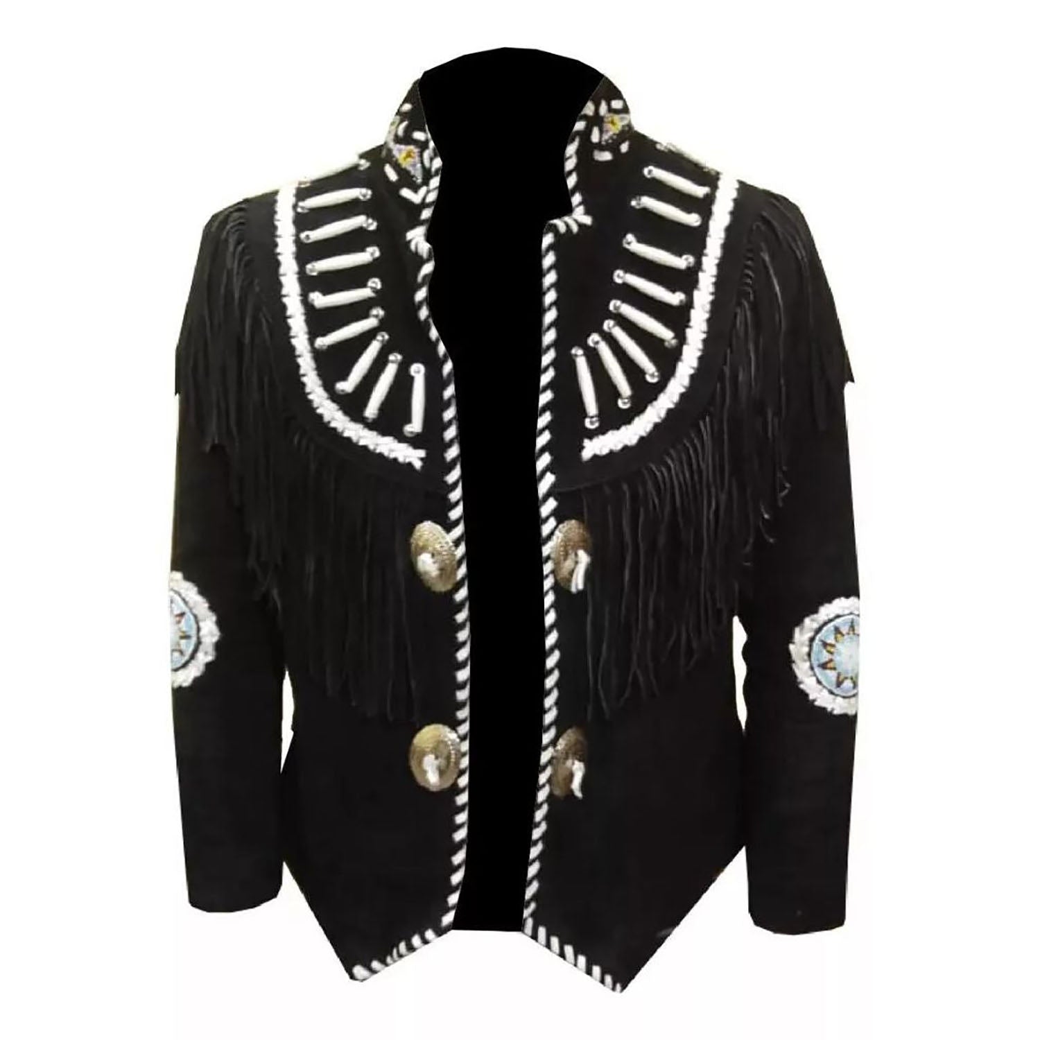 Women's Black Western Suede Leather Jacket with Fringe and Beaded Work front view
