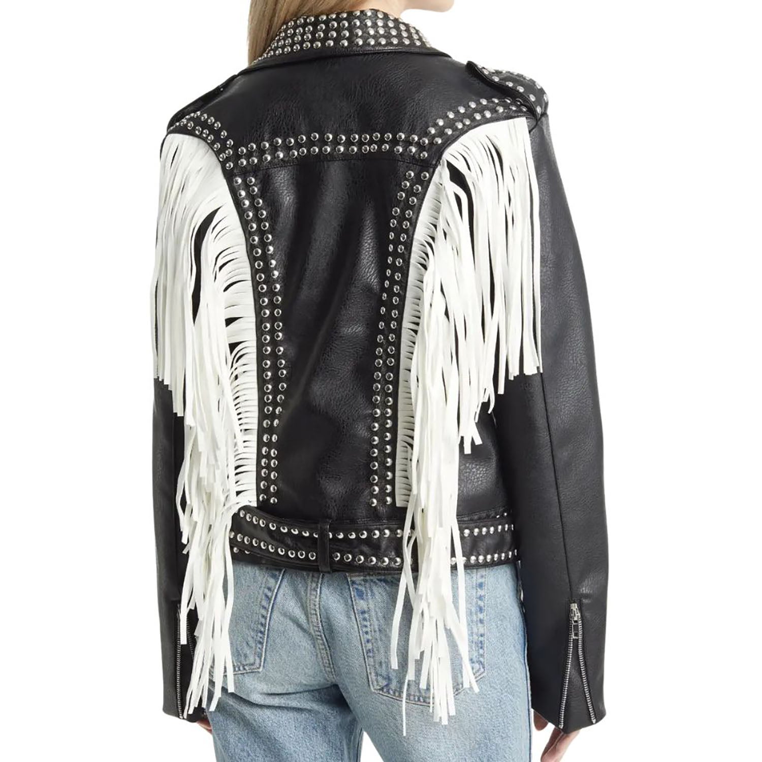 Women's Black & White Western American Leather Jacket with Full Studded Work back view