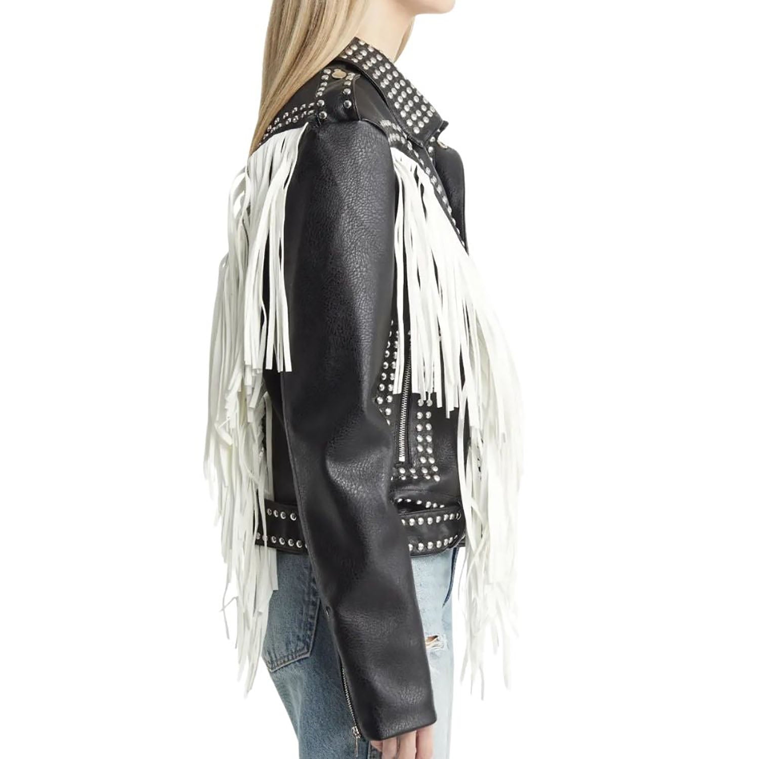 Women's Black & White Western American Leather Jacket with Full Studded Work side view