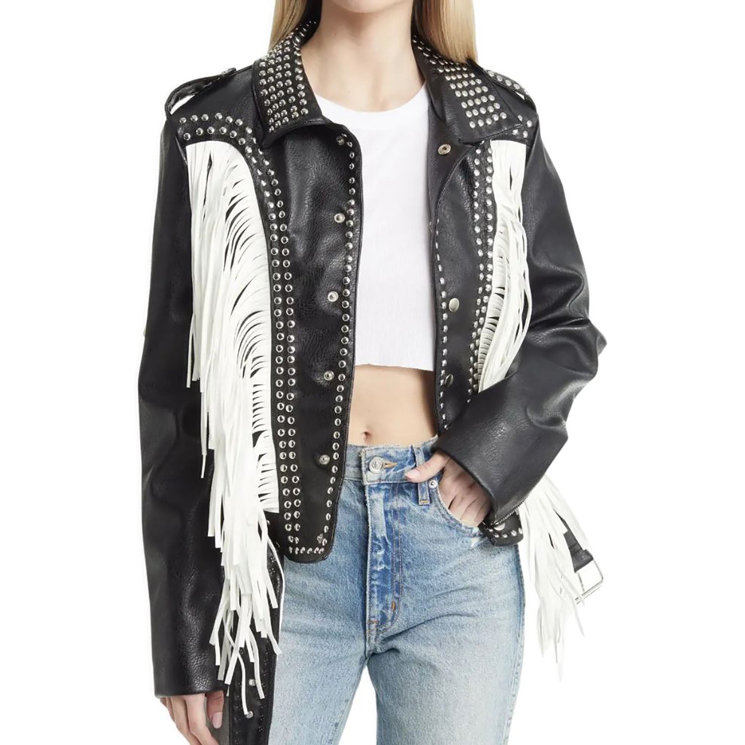 Women's Black & White Western American Leather Jacket with Full Studded Work front view
