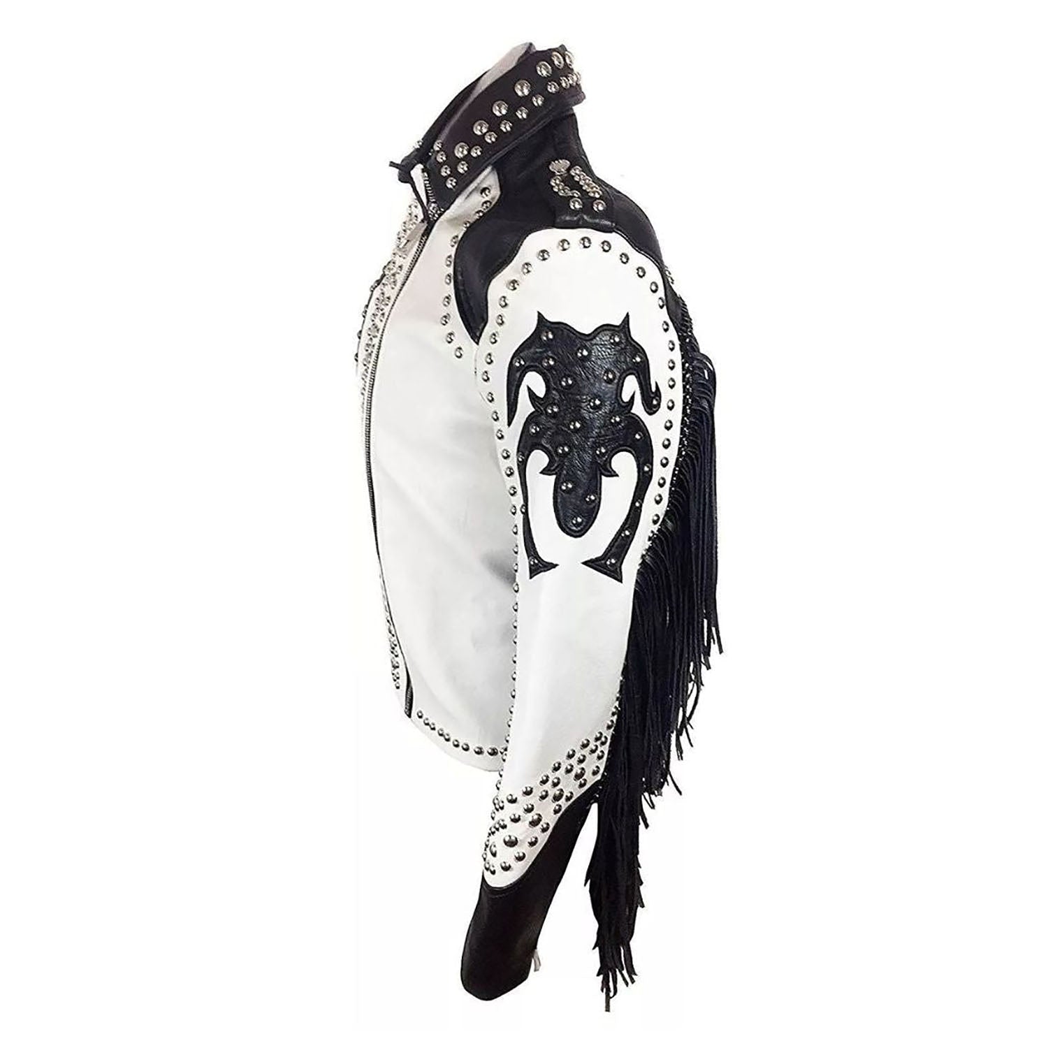 Women's Black & White Western Cowhide Leather Jacket with Studded Accents close-up detail