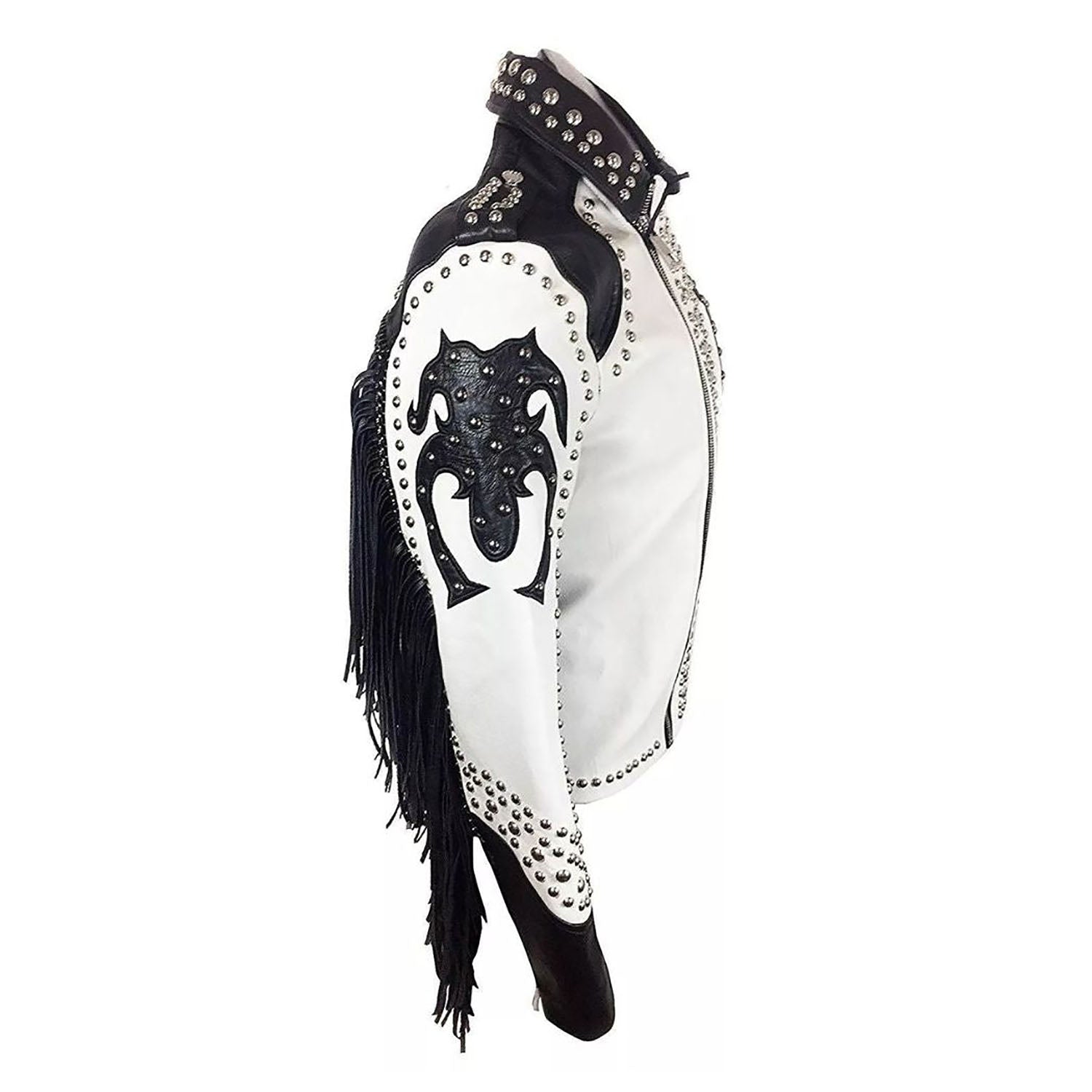 Women's Black & White Western Cowhide Leather Jacket with Studded Accents side view