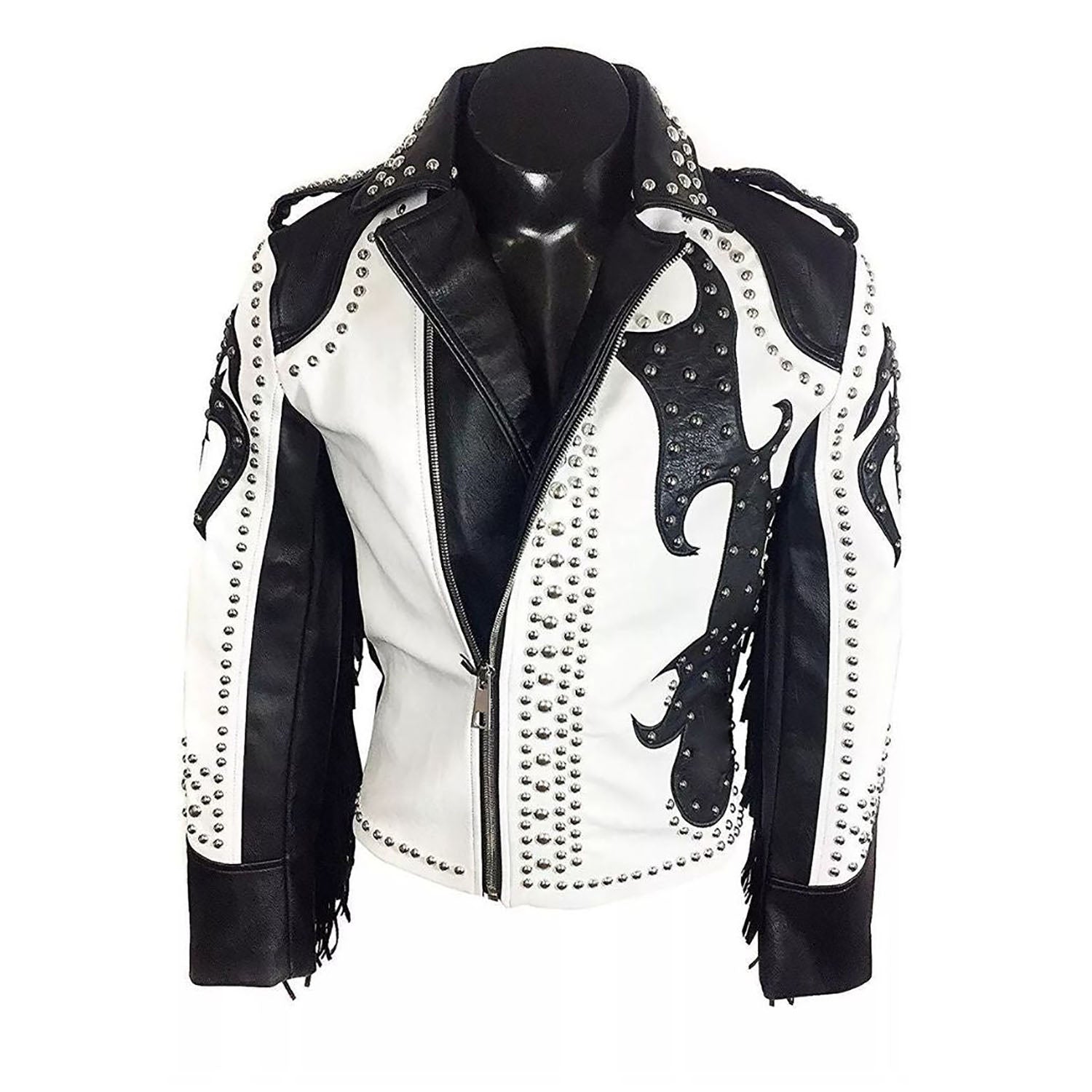 Women's Black & White Western Cowhide Leather Jacket with Studded Accents front view