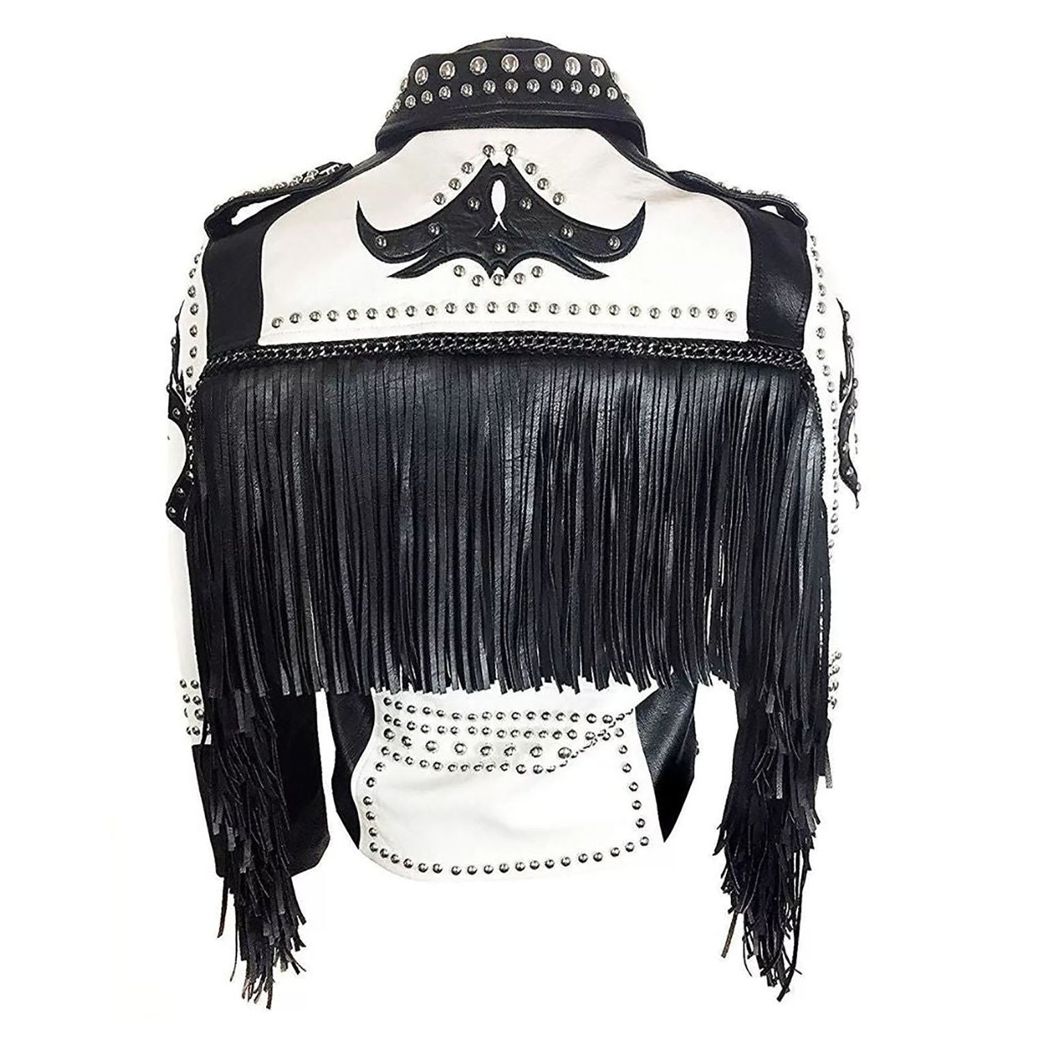 Women's Black & White Western Cowhide Leather Jacket with Studded Accents back view