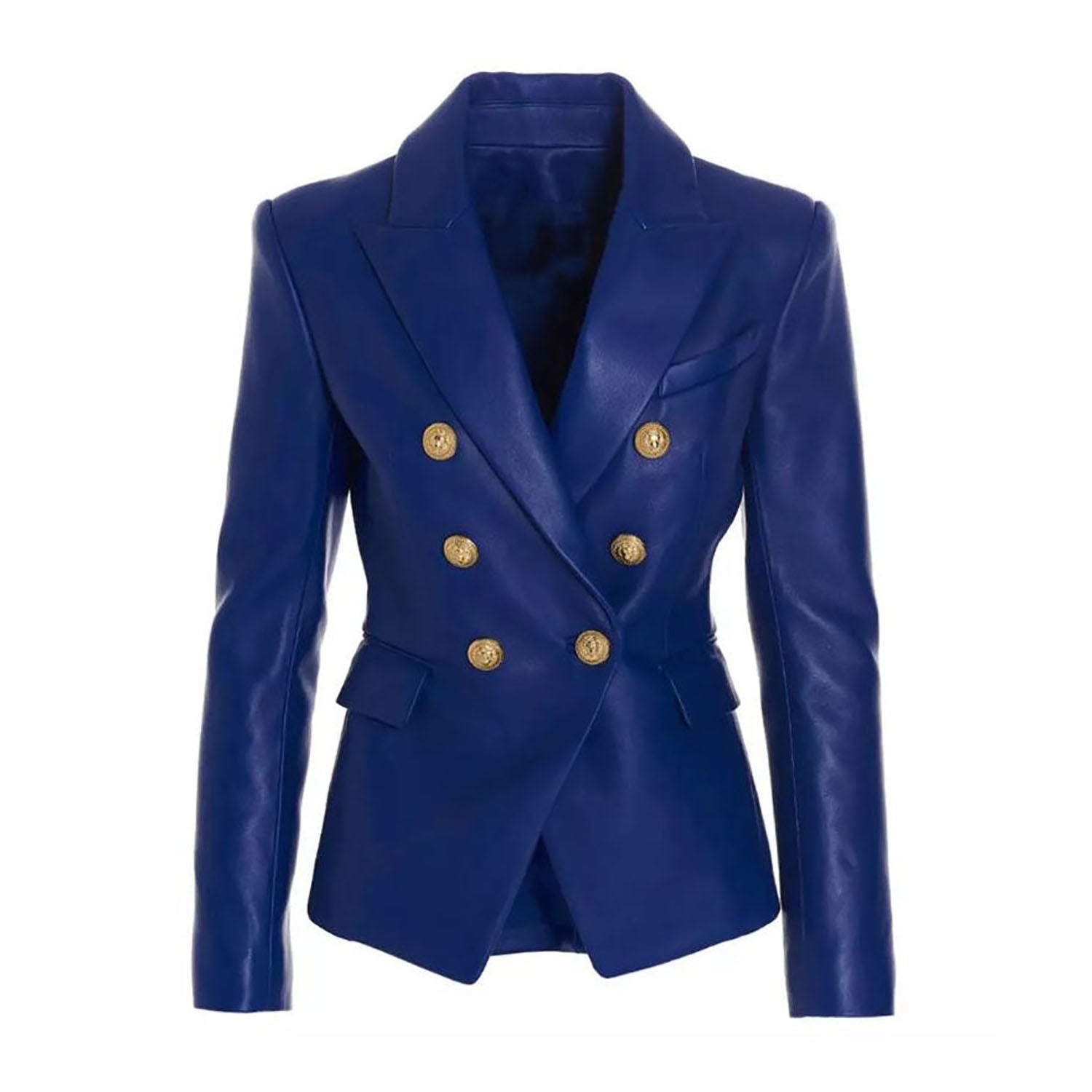 Women's Blue Western Leather Blazer Jacket with Six-Button Style front view