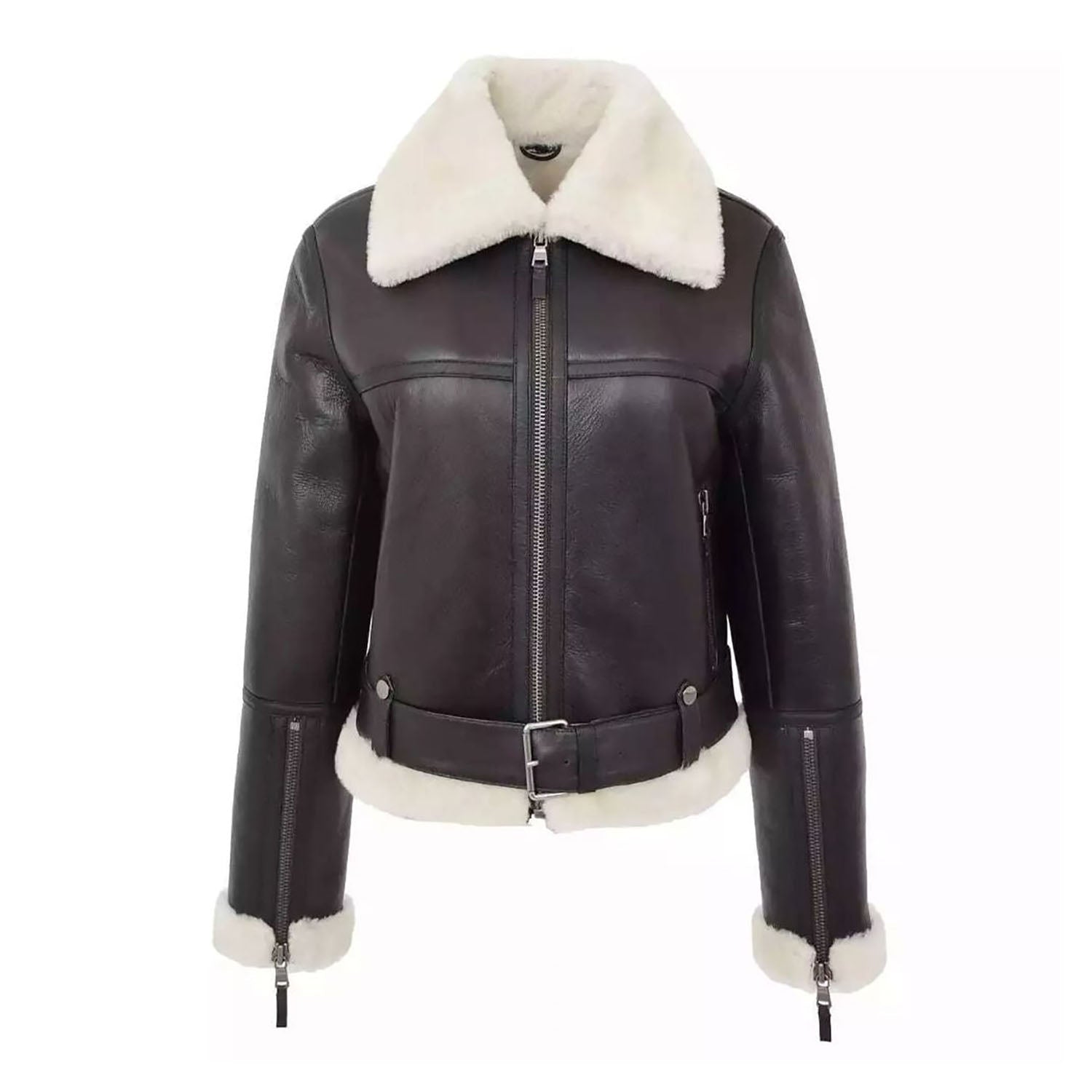 Women's Bomber Aviator Black Sheepskin Leather Jacket & Faux Fur Overcoat front view