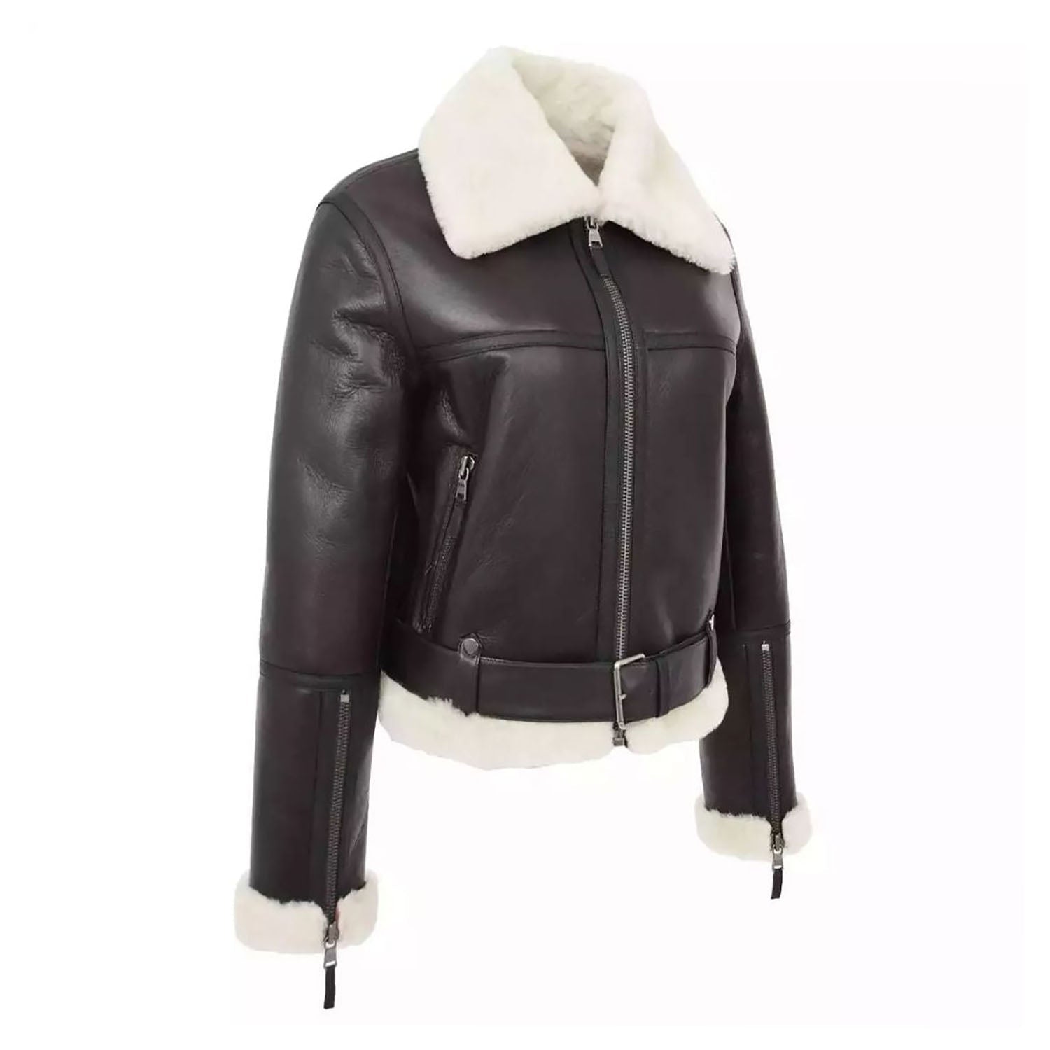 Women's Bomber Aviator Black Sheepskin Leather Jacket & Faux Fur Overcoat side view