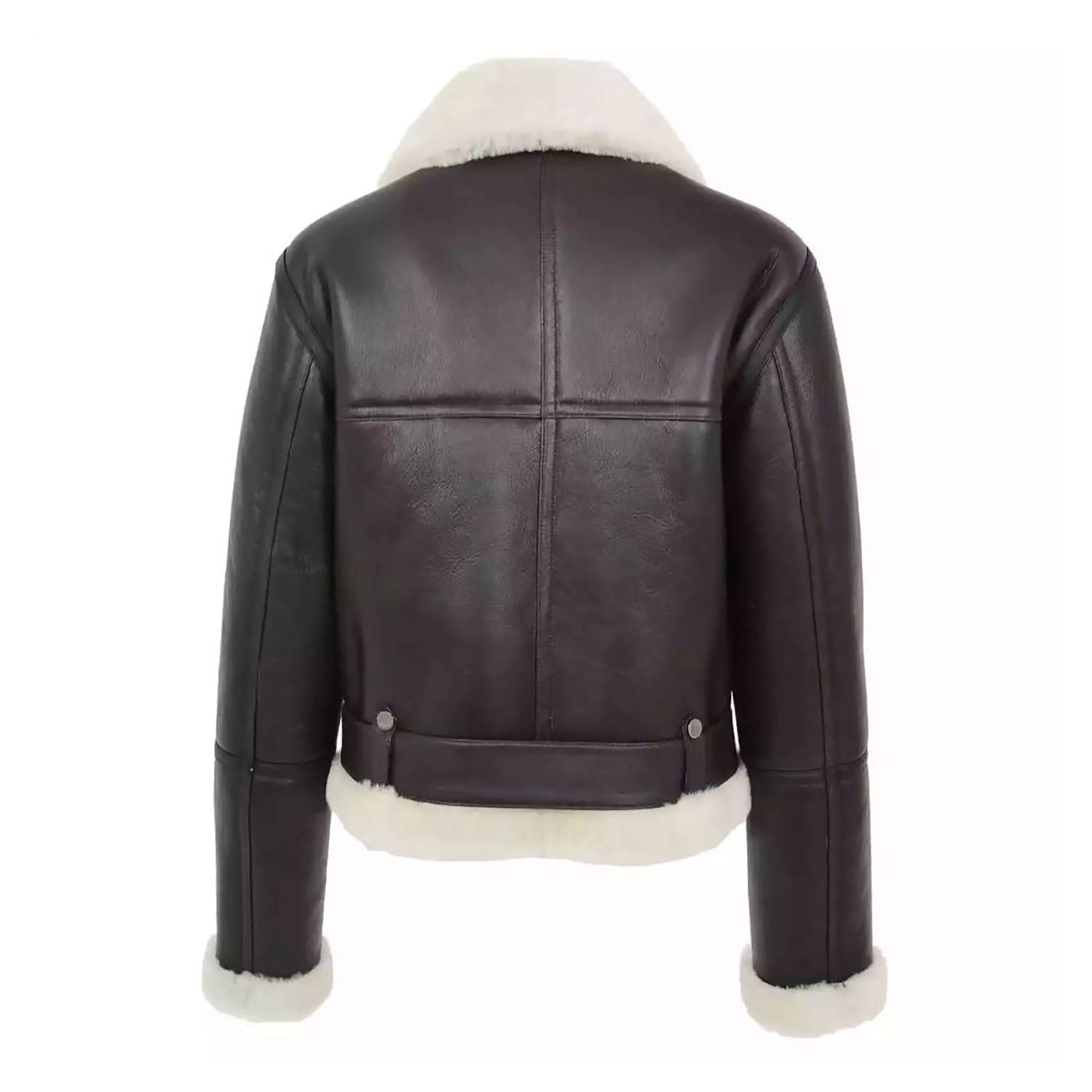 Women's Bomber Aviator Black Sheepskin Leather Jacket & Faux Fur Overcoat back view