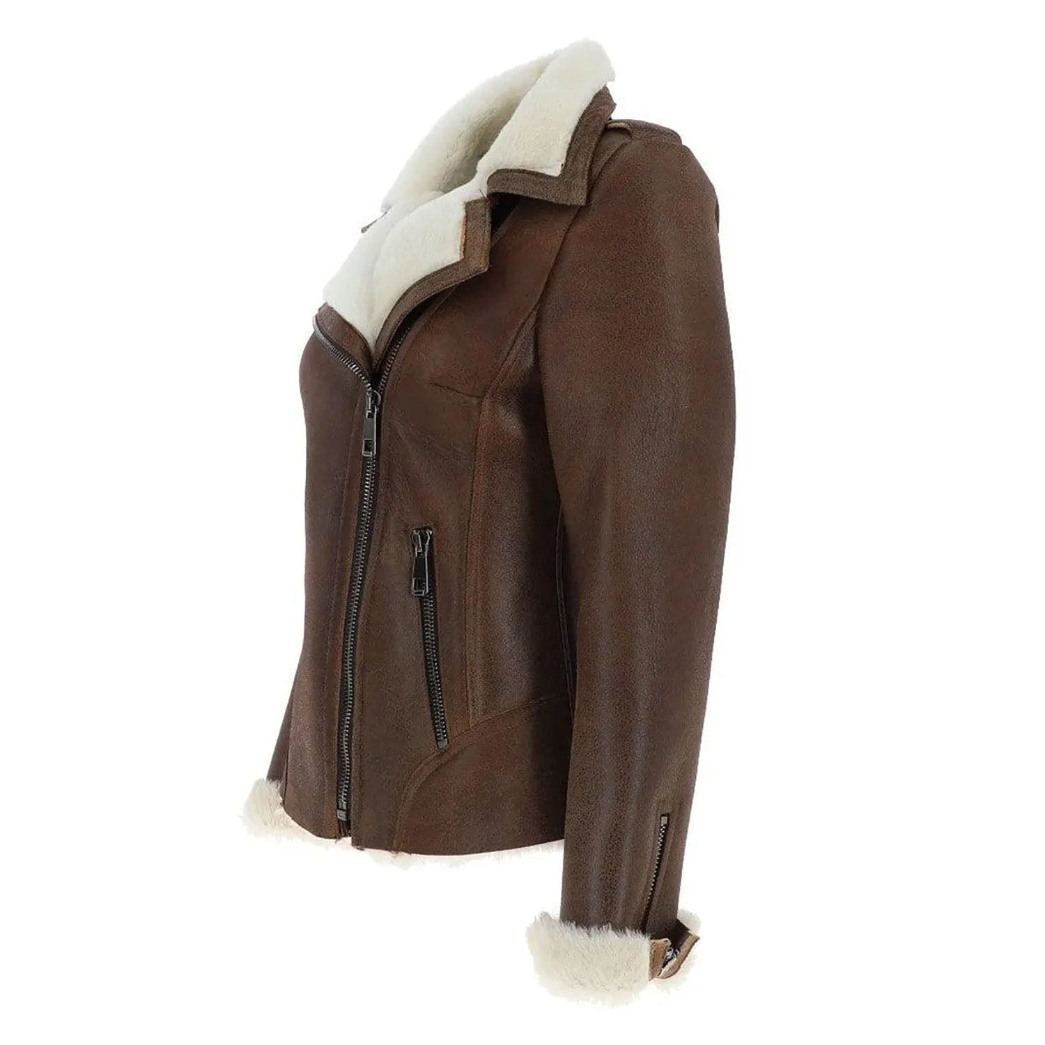 Women's Brown B Bomber Shearling Suede Leather Jacket – RAF Pilot Winter Coat close-up detail