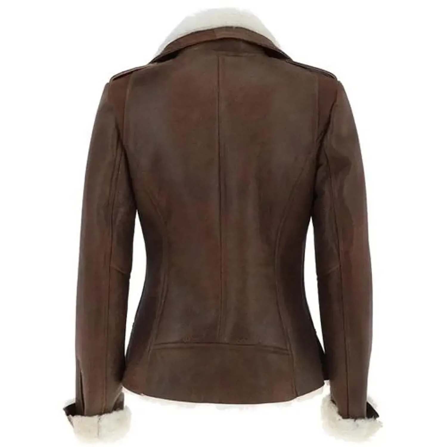 Women's Brown B Bomber Shearling Suede Leather Jacket – RAF Pilot Winter Coat side view