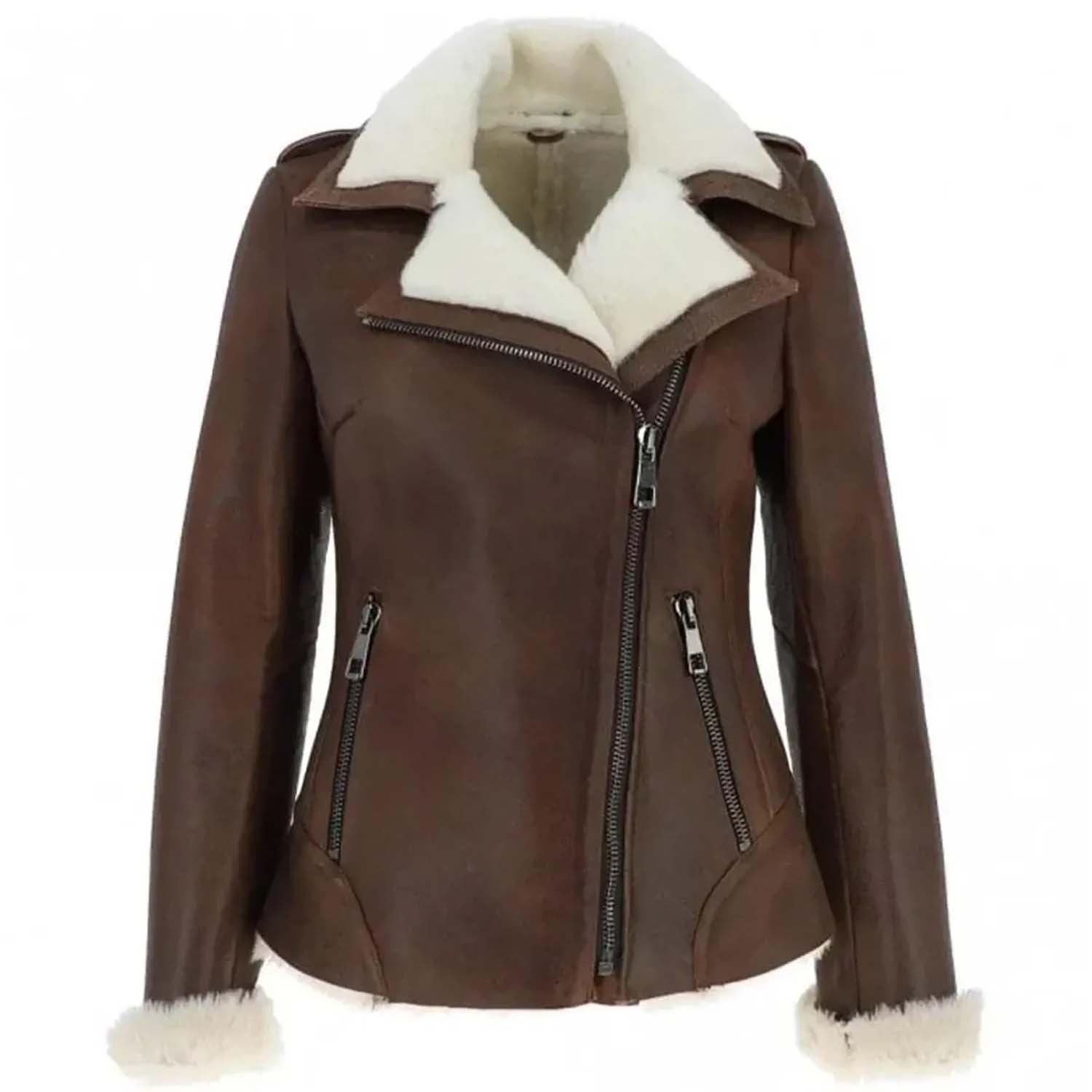 Women's Brown B Bomber Shearling Suede Leather Jacket – RAF Pilot Winter Coat front view