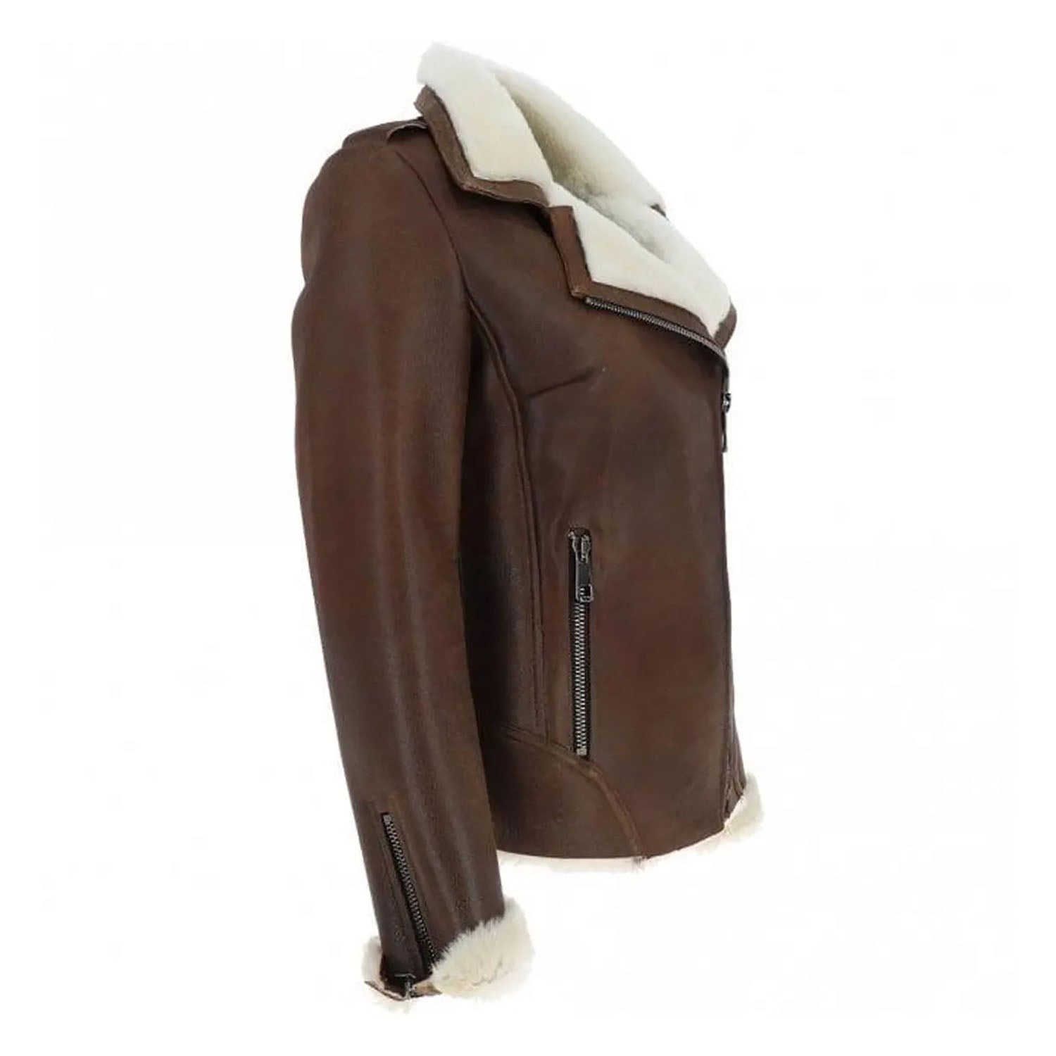 Women's Brown B Bomber Shearling Suede Leather Jacket – RAF Pilot Winter Coat back view