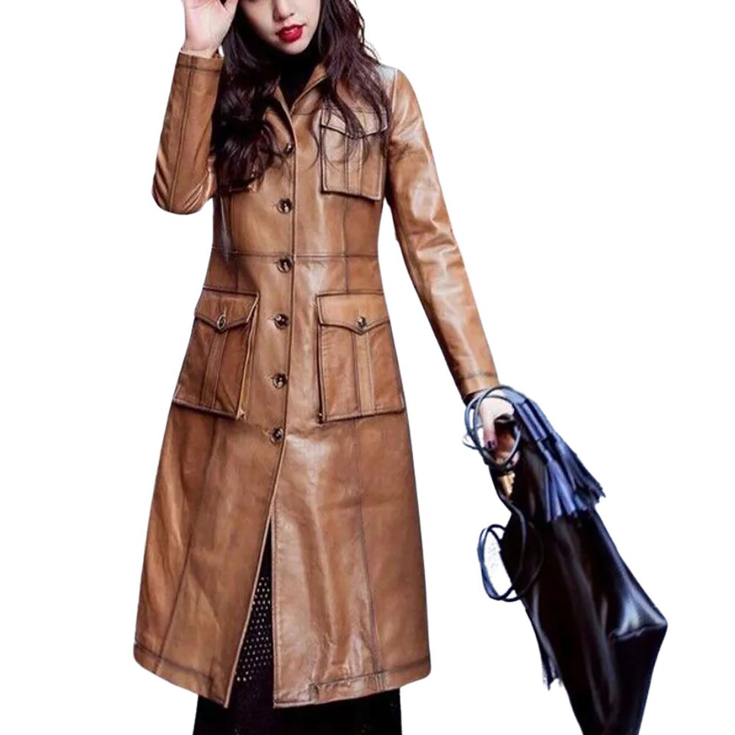Women’s Brown Genuine Lambskin Leather Long Overcoat – Trench Jacket front view