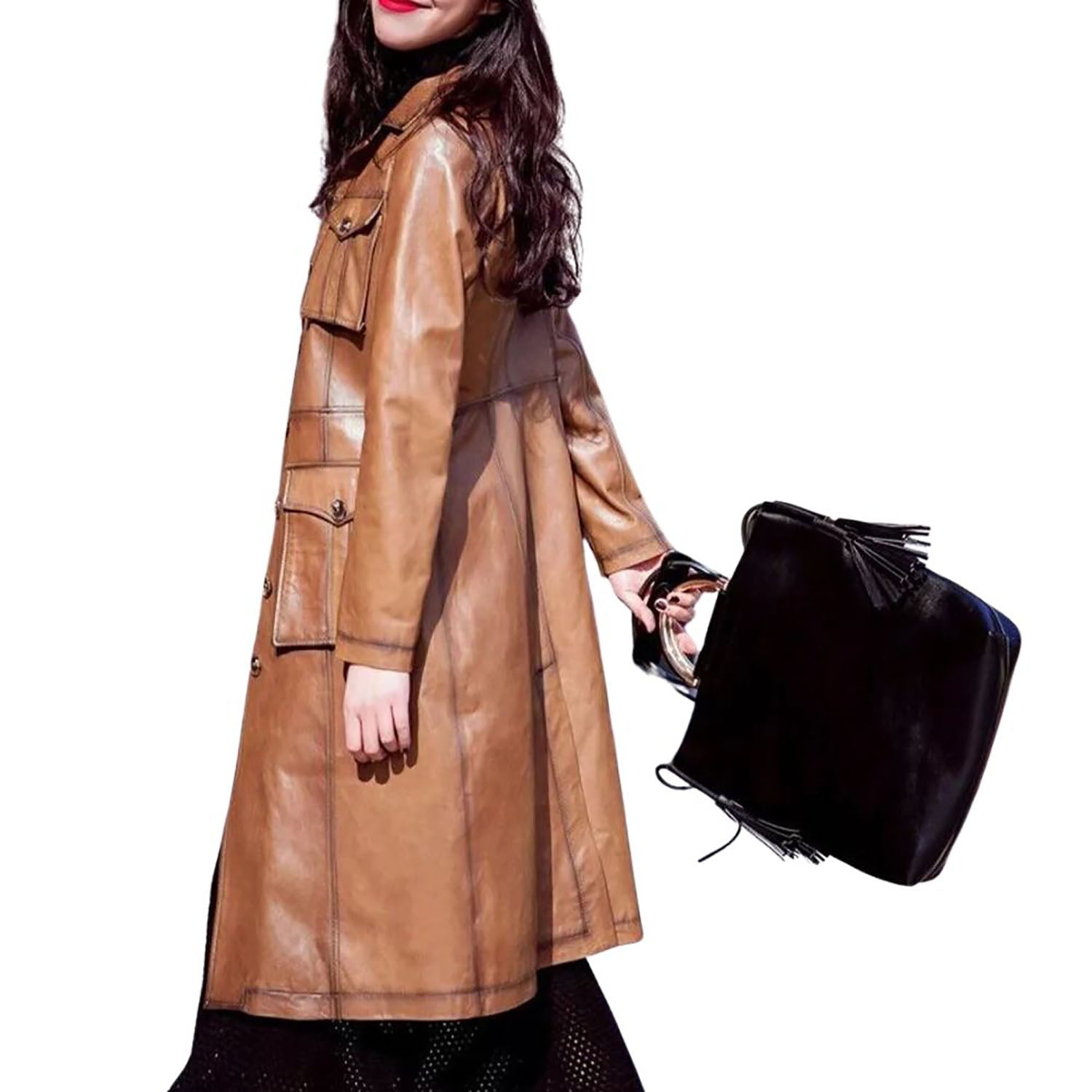 Women’s Brown Genuine Lambskin Leather Long Overcoat – Trench Jacket side view