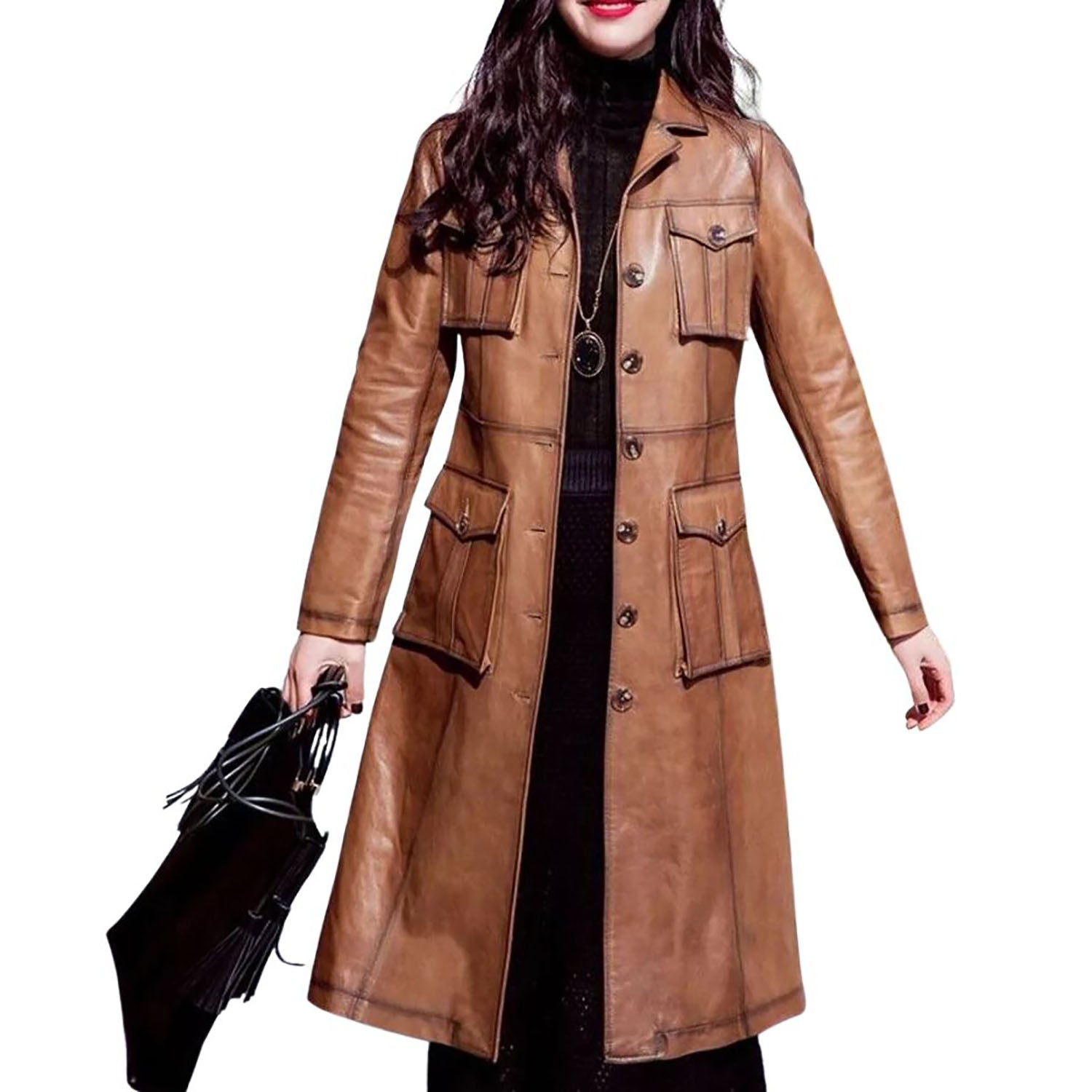 Women’s Brown Genuine Lambskin Leather Long Overcoat – Trench Jacket back view