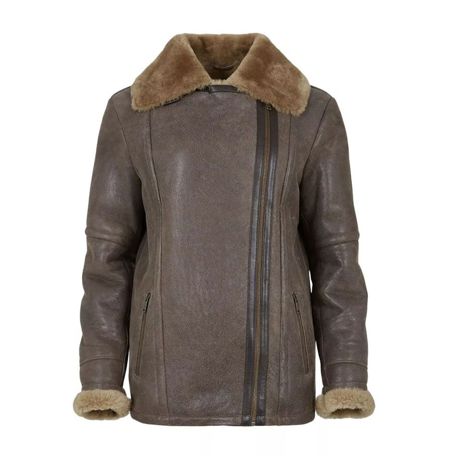 Women's Brown RAF B Aviator Bomber Cowhide Leather Jacket with Faux Fur front view