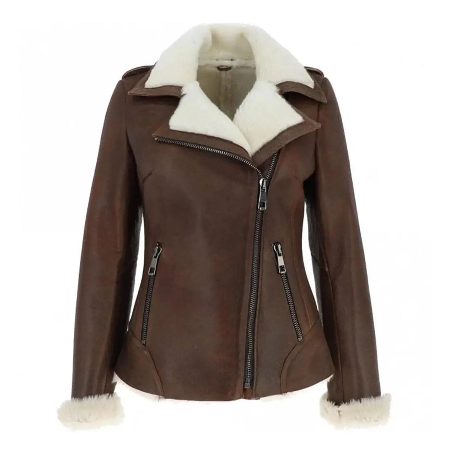 Women's Brown RAF B Aviator Bomber Cowhide Leather Jacket with Faux Fur styled look