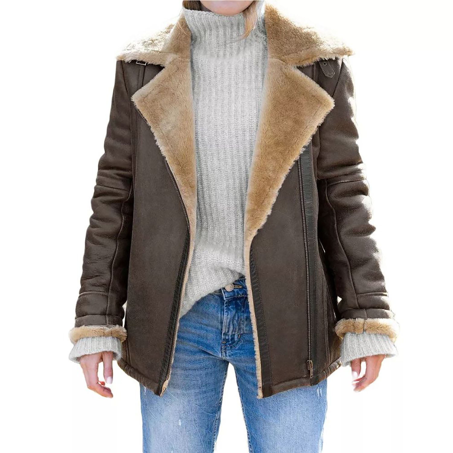 Women's Brown RAF B Aviator Bomber Cowhide Leather Jacket with Faux Fur close-up detail