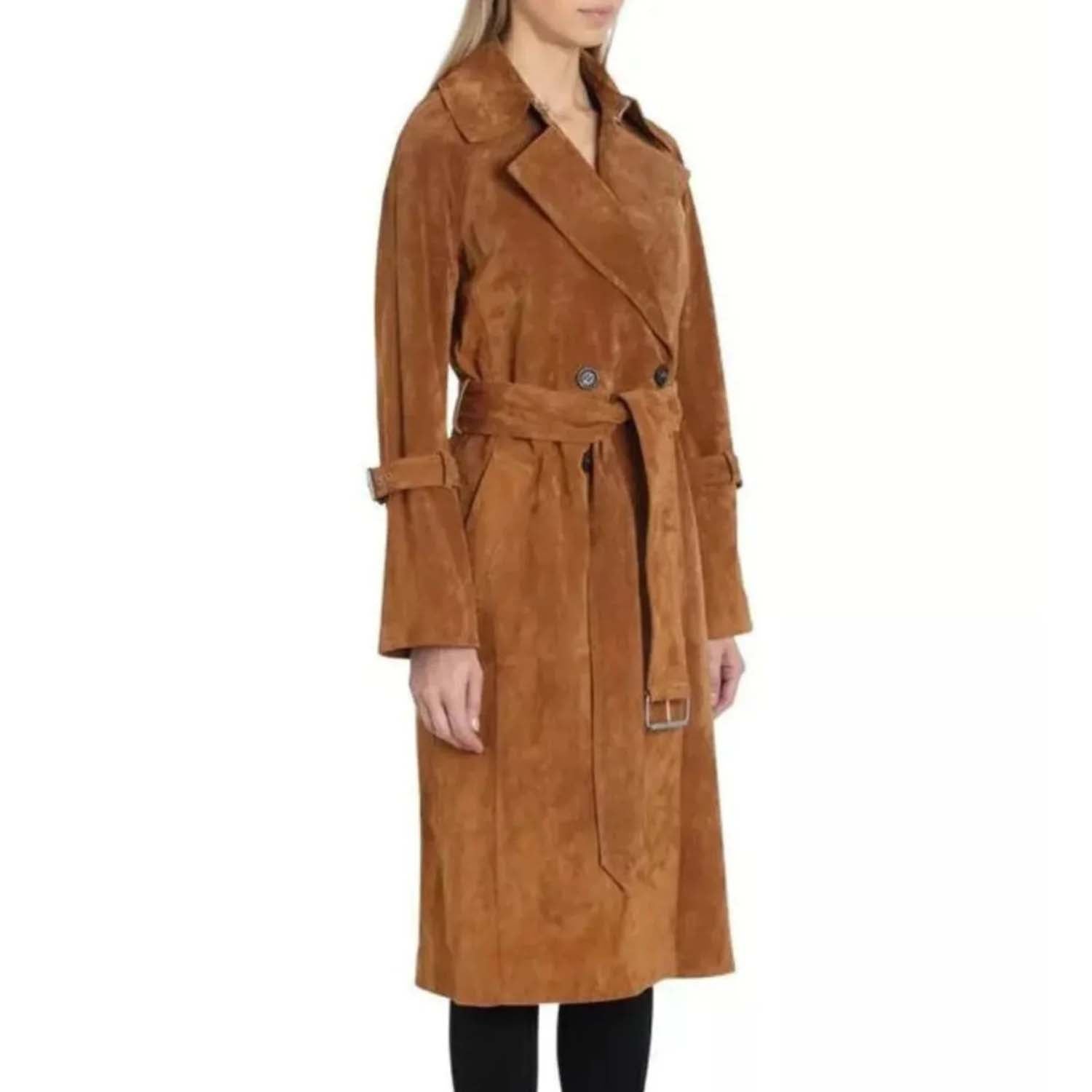Women’s Brown Suede Leather Long Coat – Belted Overcoat for Stylish Look back view