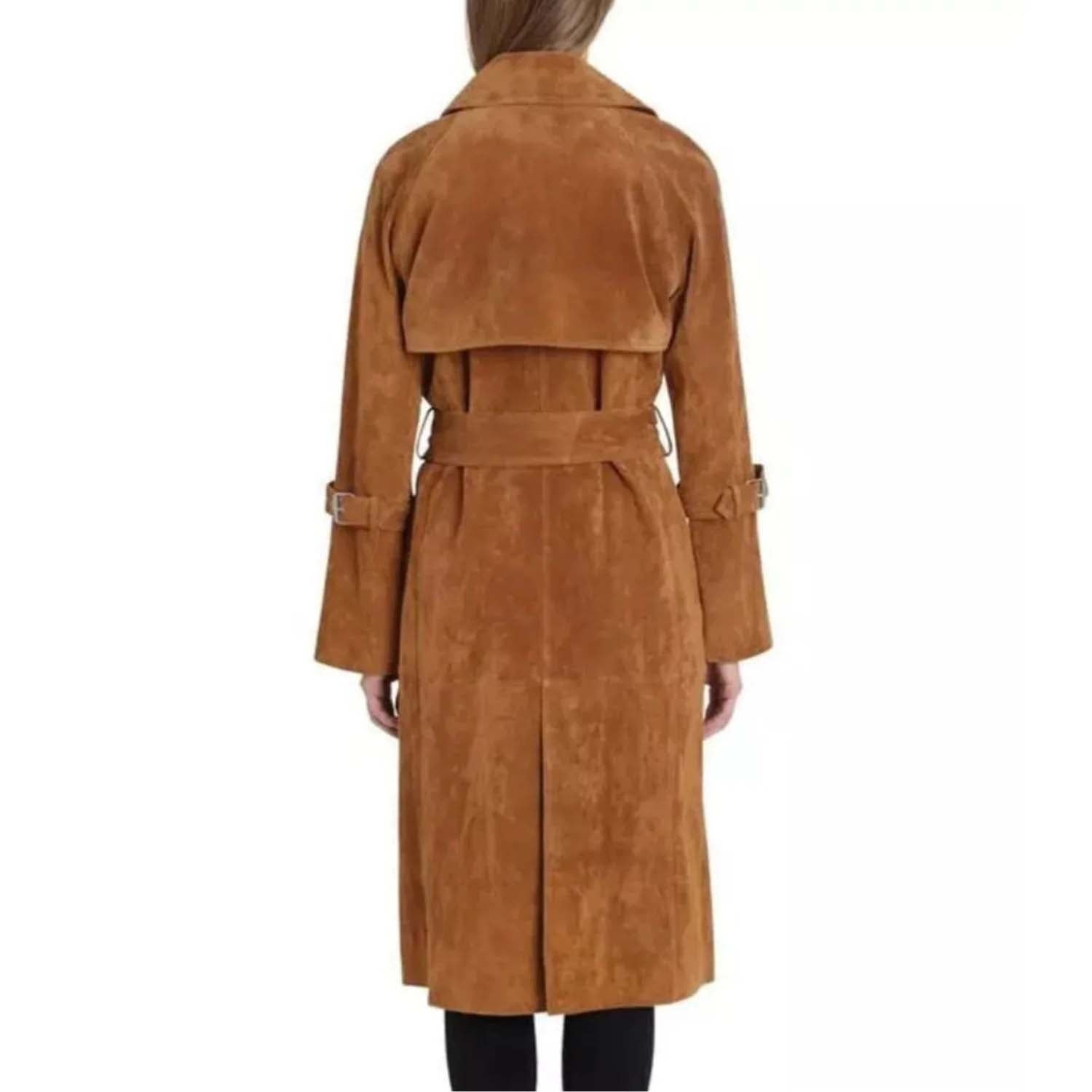 Women’s Brown Suede Leather Long Coat – Belted Overcoat for Stylish Look side view