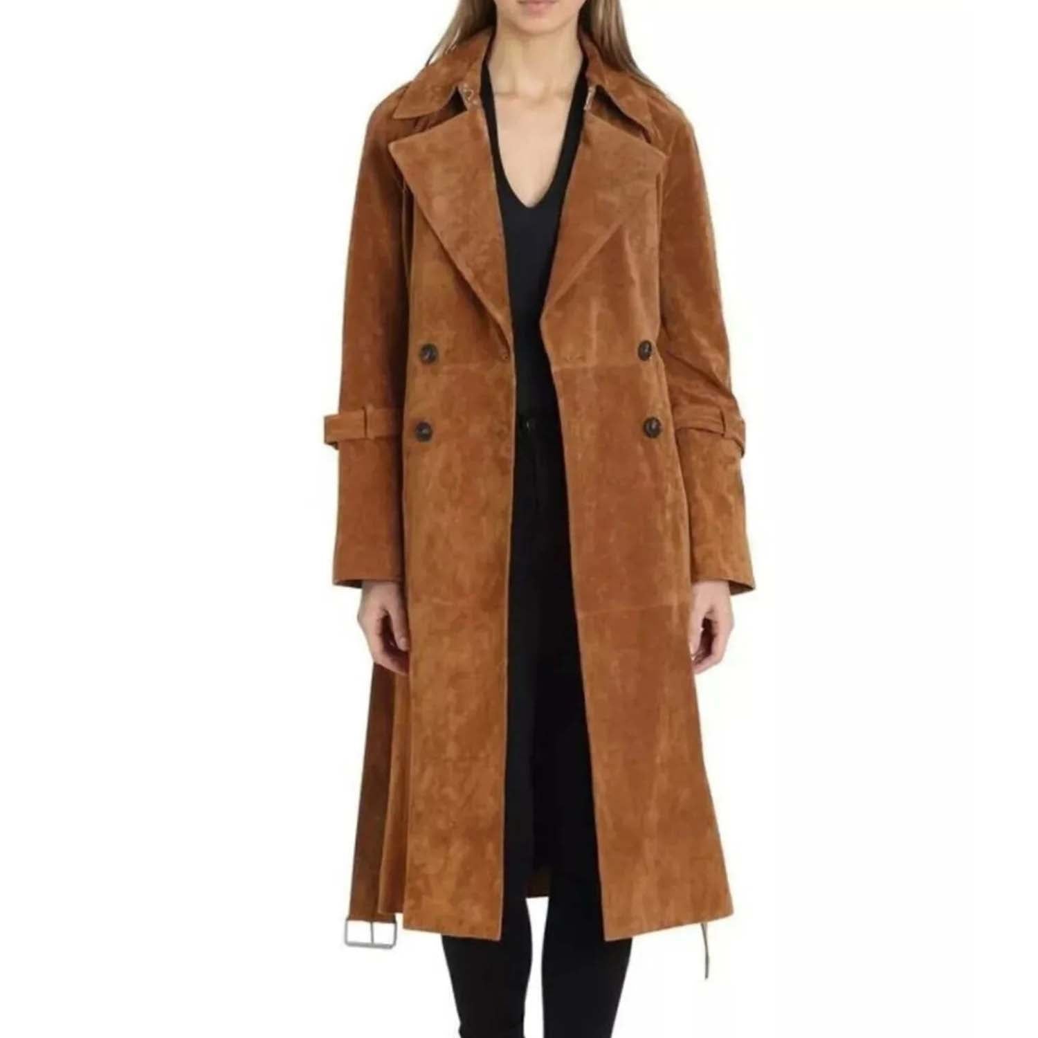 Women’s Brown Suede Leather Long Coat – Belted Overcoat for Stylish Look front view