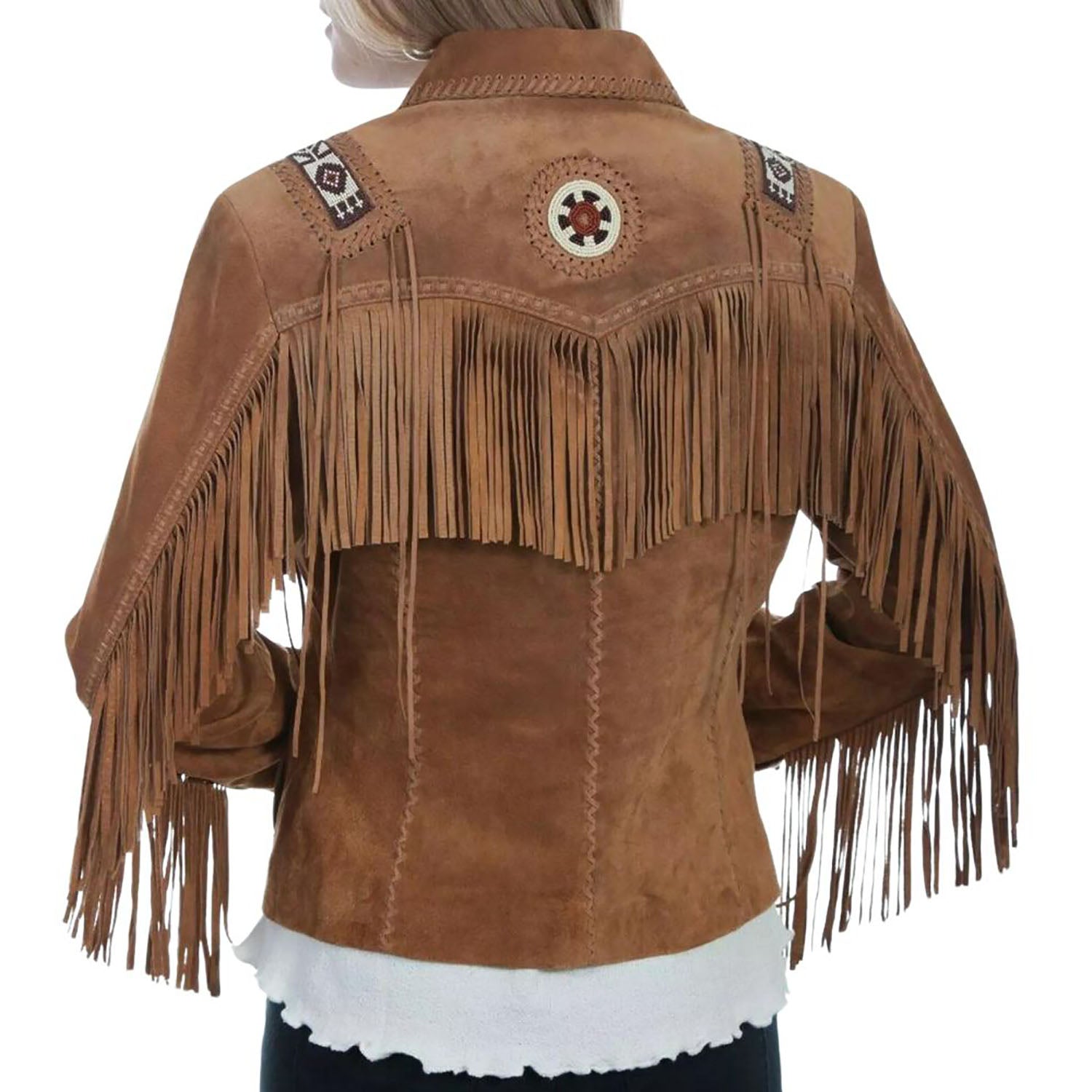 Women's Brown Suede Western Leather Jacket with Beaded Fringe Work side view