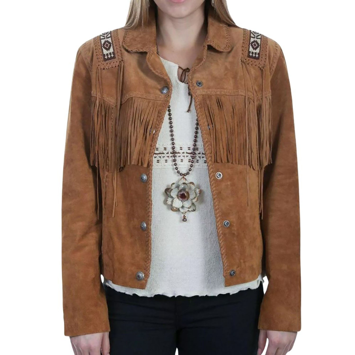 Women's Brown Suede Western Leather Jacket with Beaded Fringe Work front view