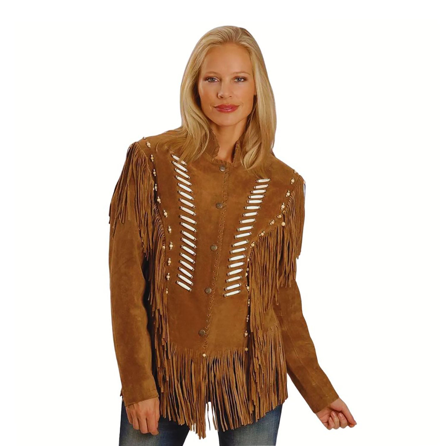 Women's Brown Western American Suede Leather Jacket Fringe & Bone Beaded Work front view