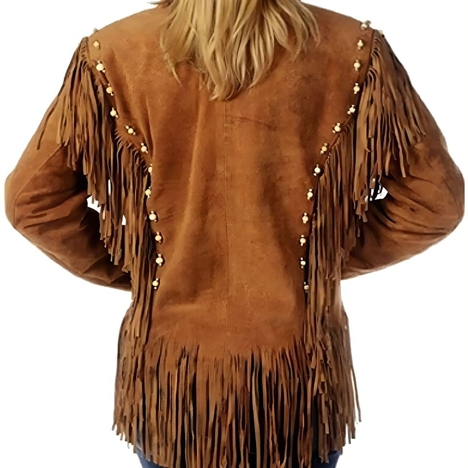 Women's Brown Western American Suede Leather Jacket Fringe & Bone Beaded Work side view