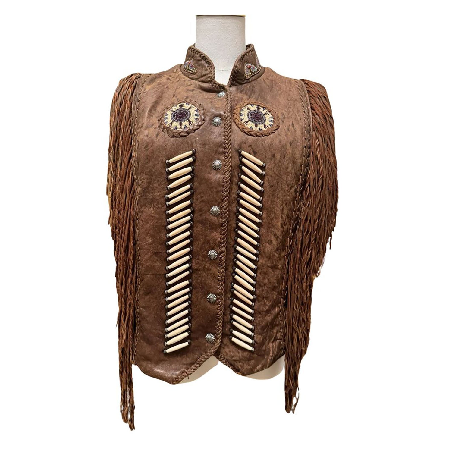 Women's Brown Western Genuine Bone Studded Fringe Leather Vest Jacket front view