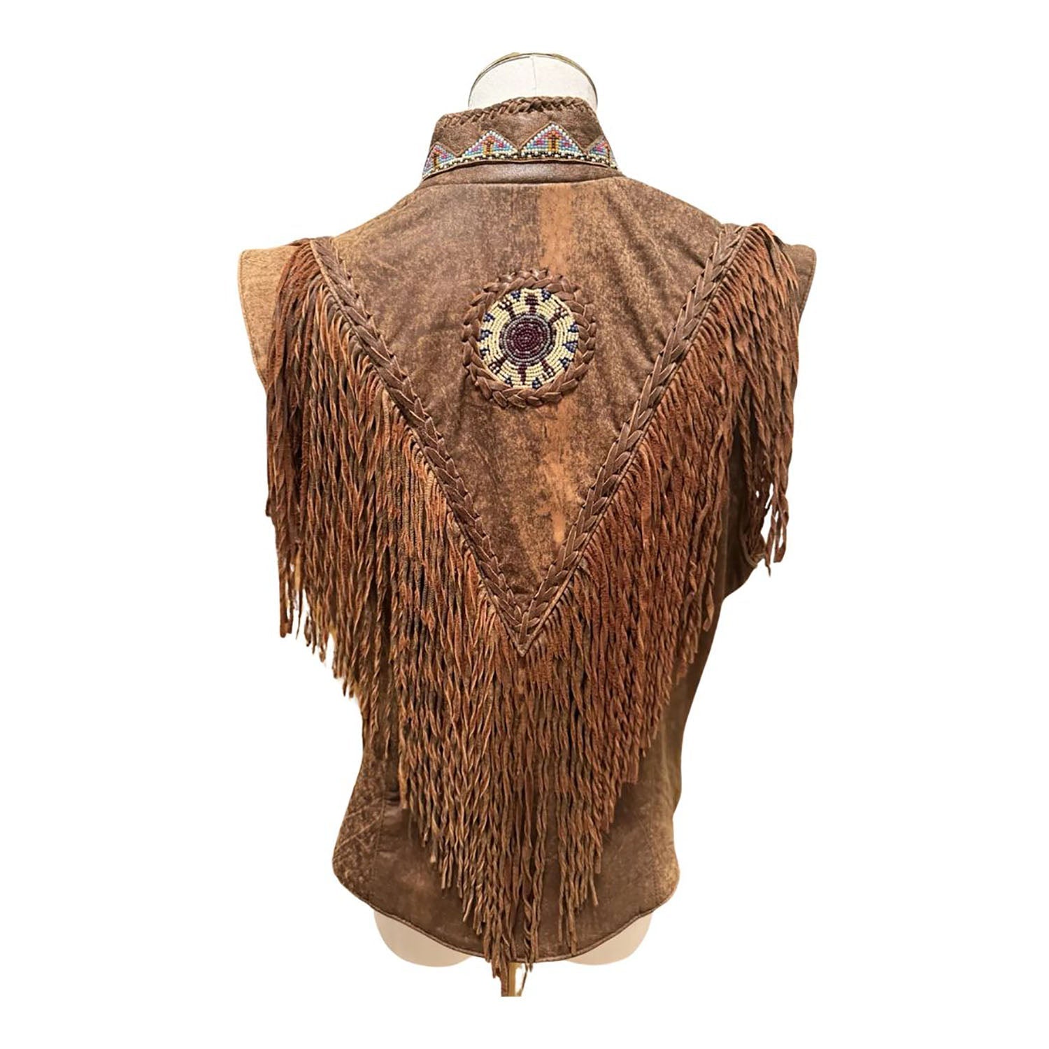Women's Brown Western Genuine Bone Studded Fringe Leather Vest Jacket side view