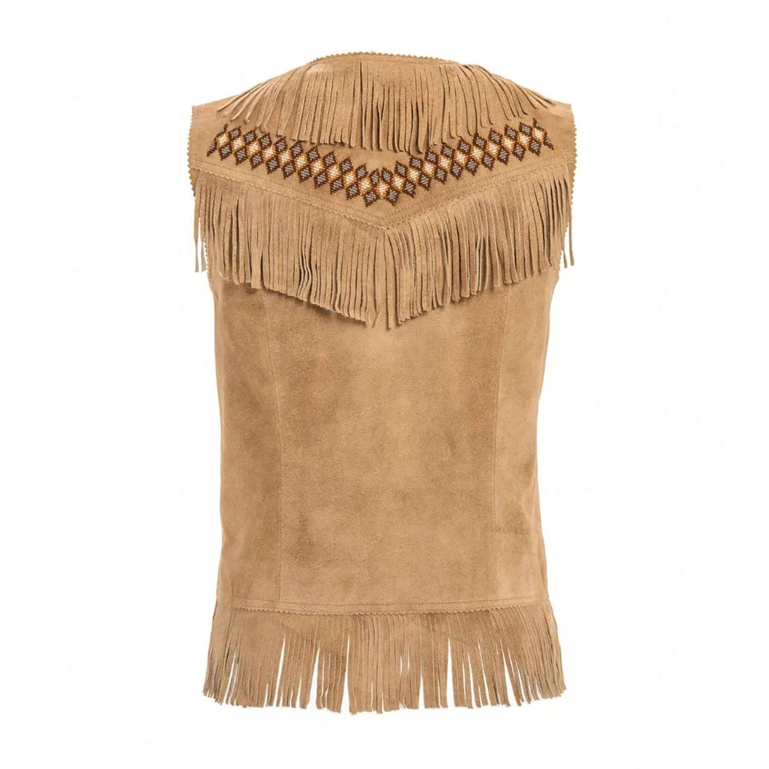 Women's Brown Western Genuine Leather Fringe & Beaded Vest Jacket side view