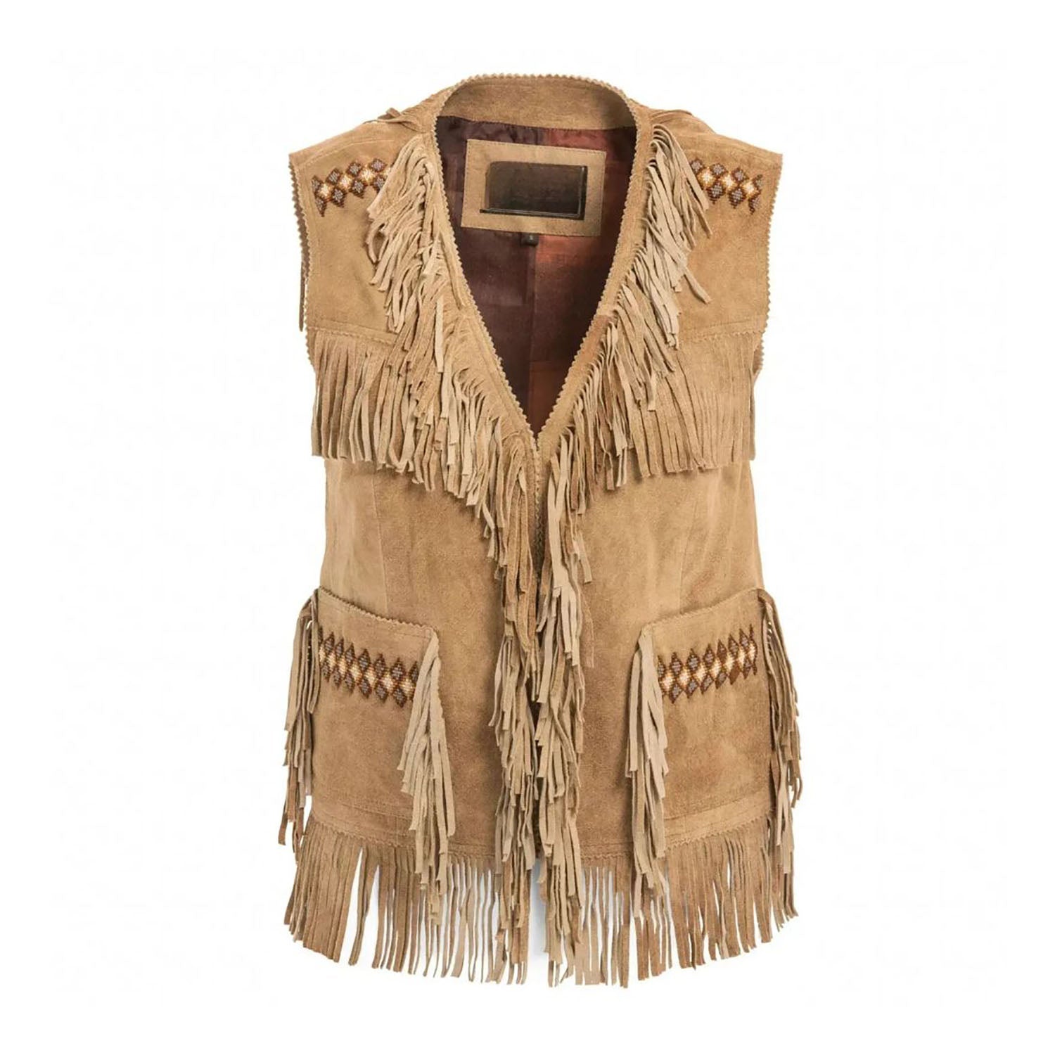 Women's Brown Western Genuine Leather Fringe & Beaded Vest Jacket front view