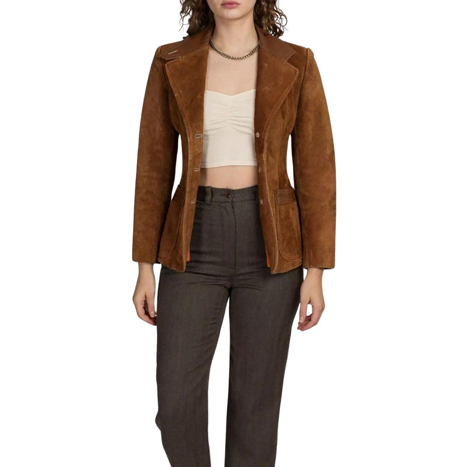 Women's Brown Western Leather Blazer Jacket with Three Button front view