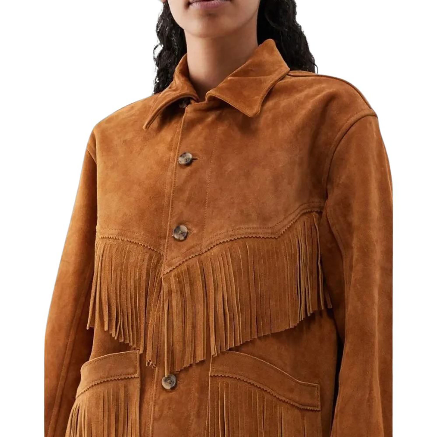 Women's Brown Western Leather Jacket with Fringe & Handmade Work back view