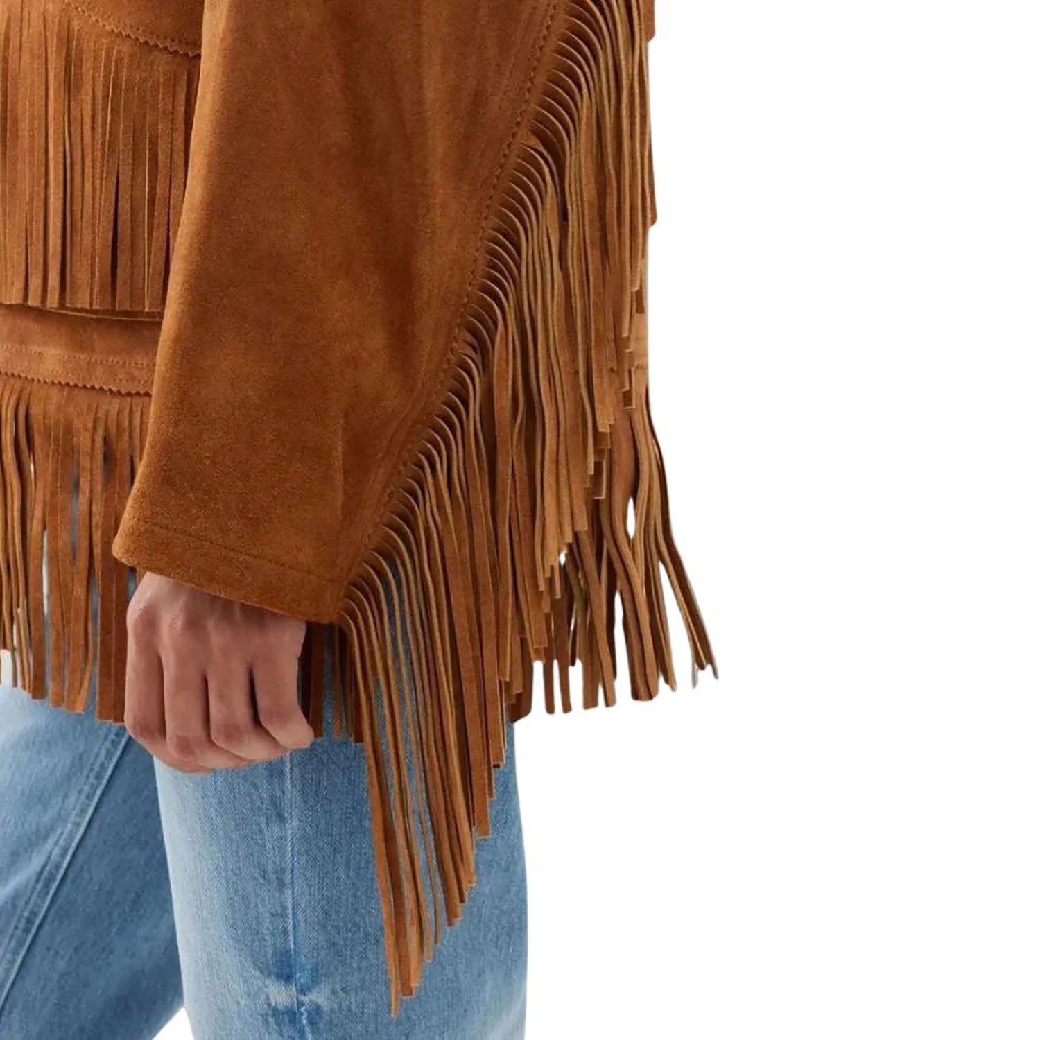 Brown suede fringe jacket worn with blue jeans on a white background