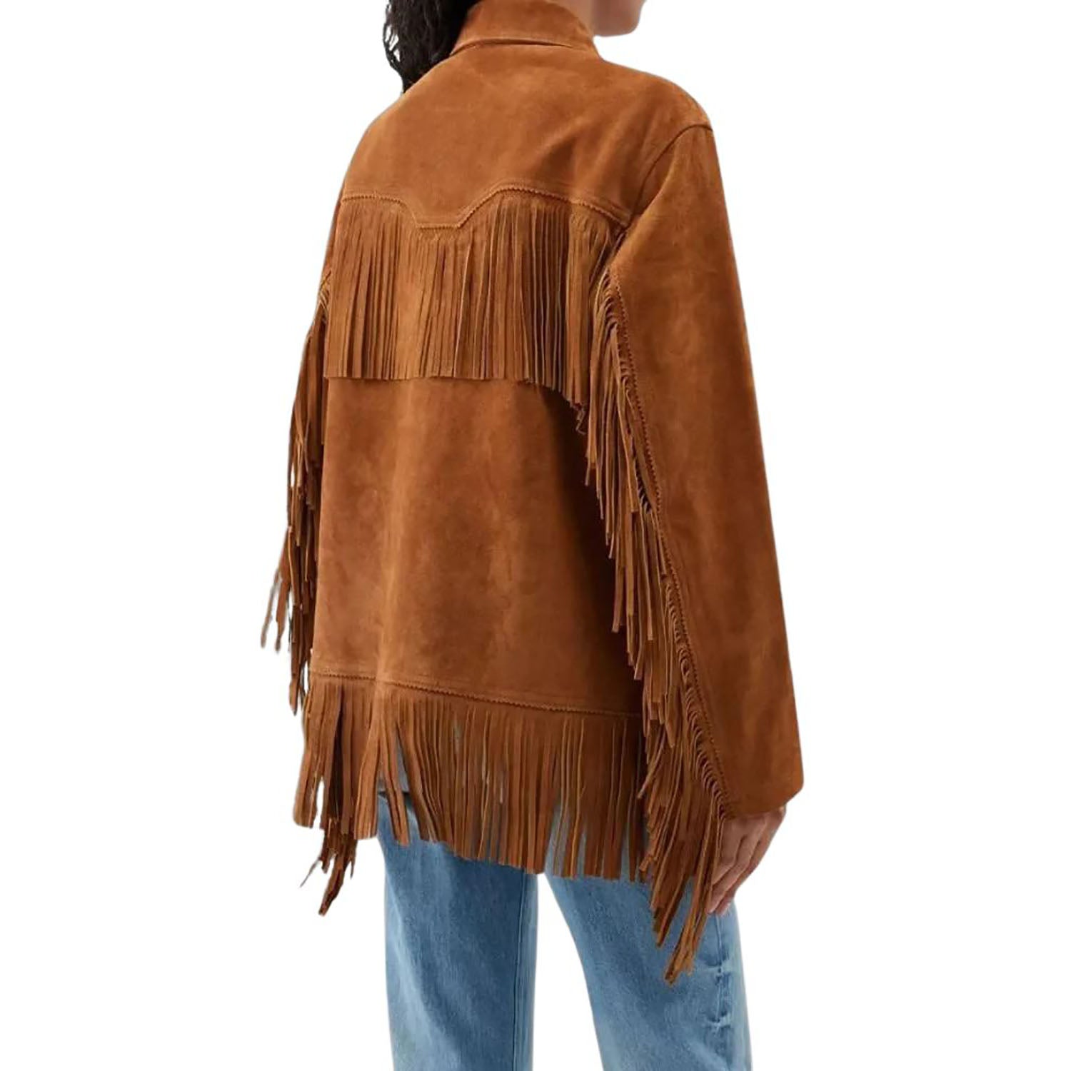 Women's Brown Western Leather Jacket with Fringe & Handmade Work styled look