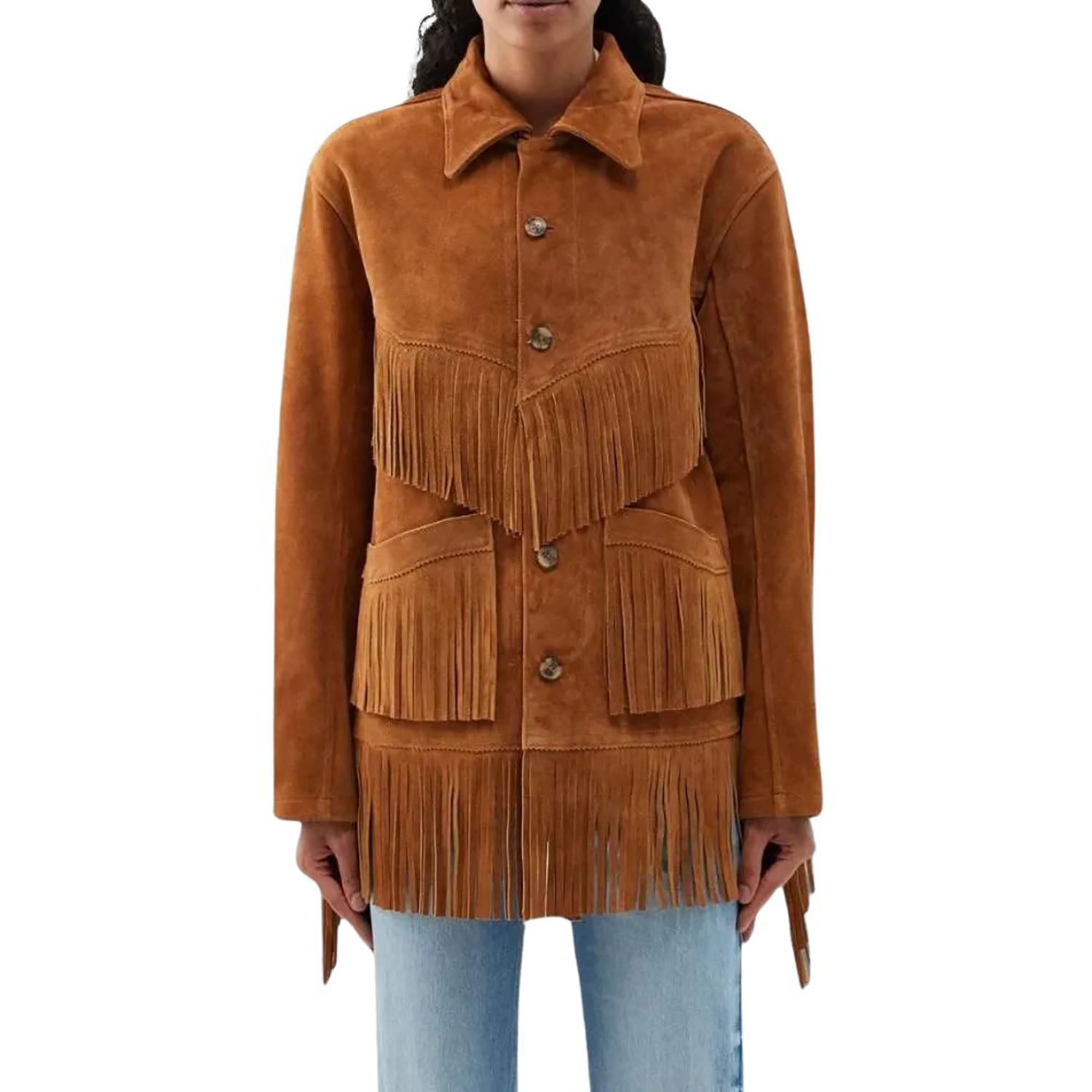 Brown suede jacket with fringes on a white background