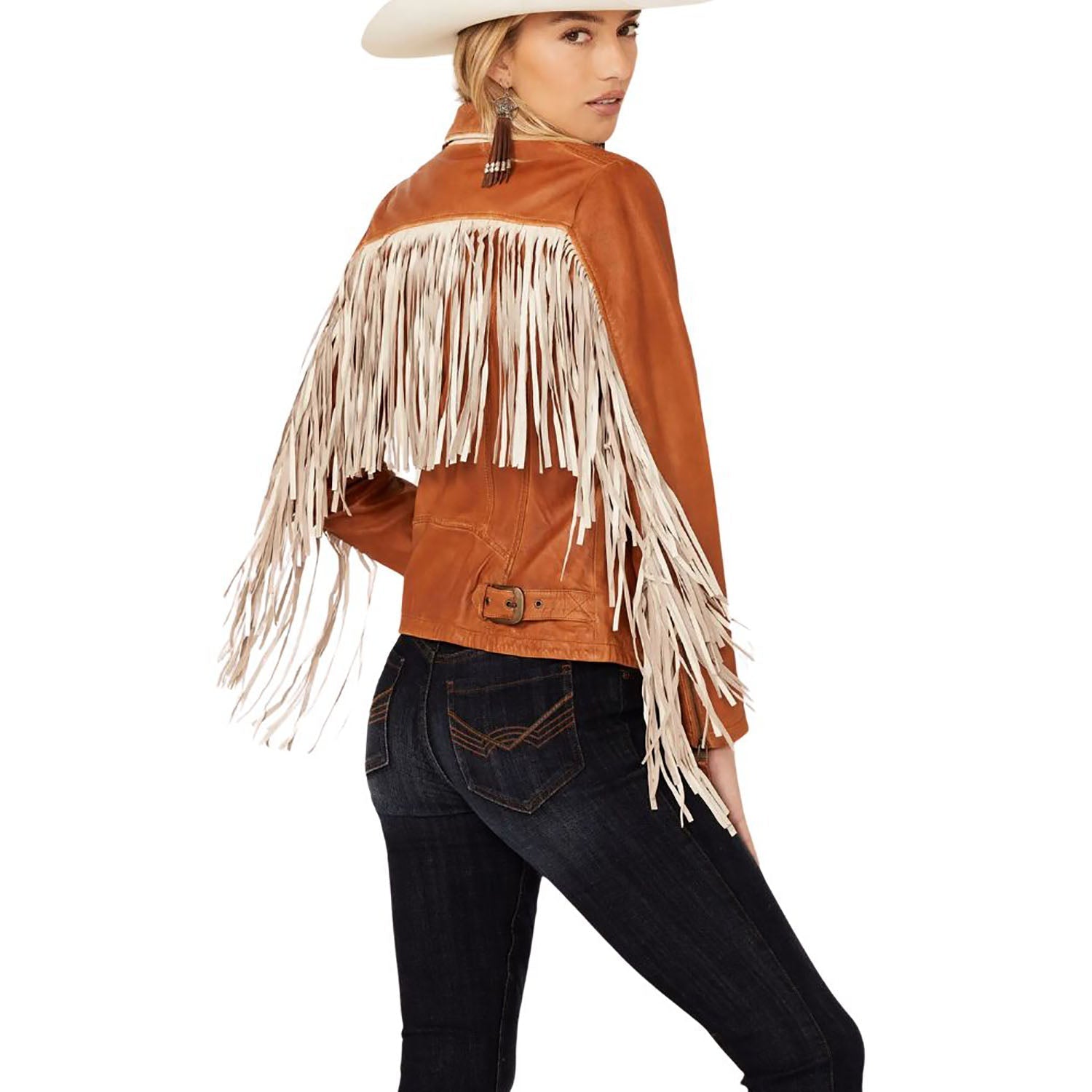 Women's Brown Western Leather Jacket with White Fringe Work close-up detail
